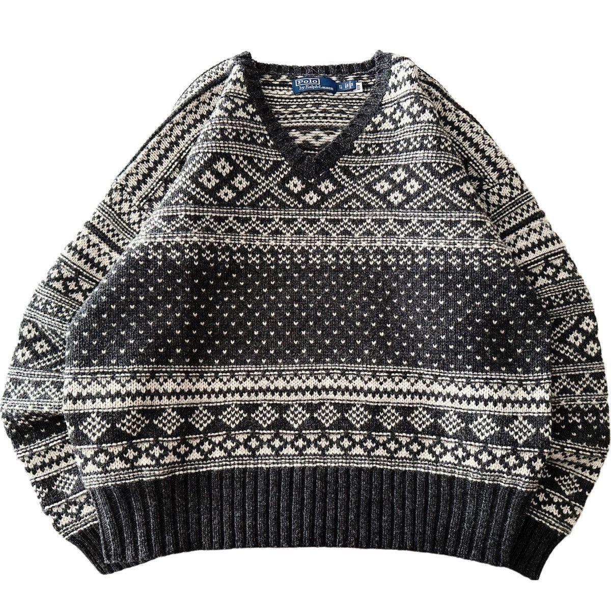 $298 Polo Ralph Lauren Wool Grey Fair Isle V-Neck Sweater XL