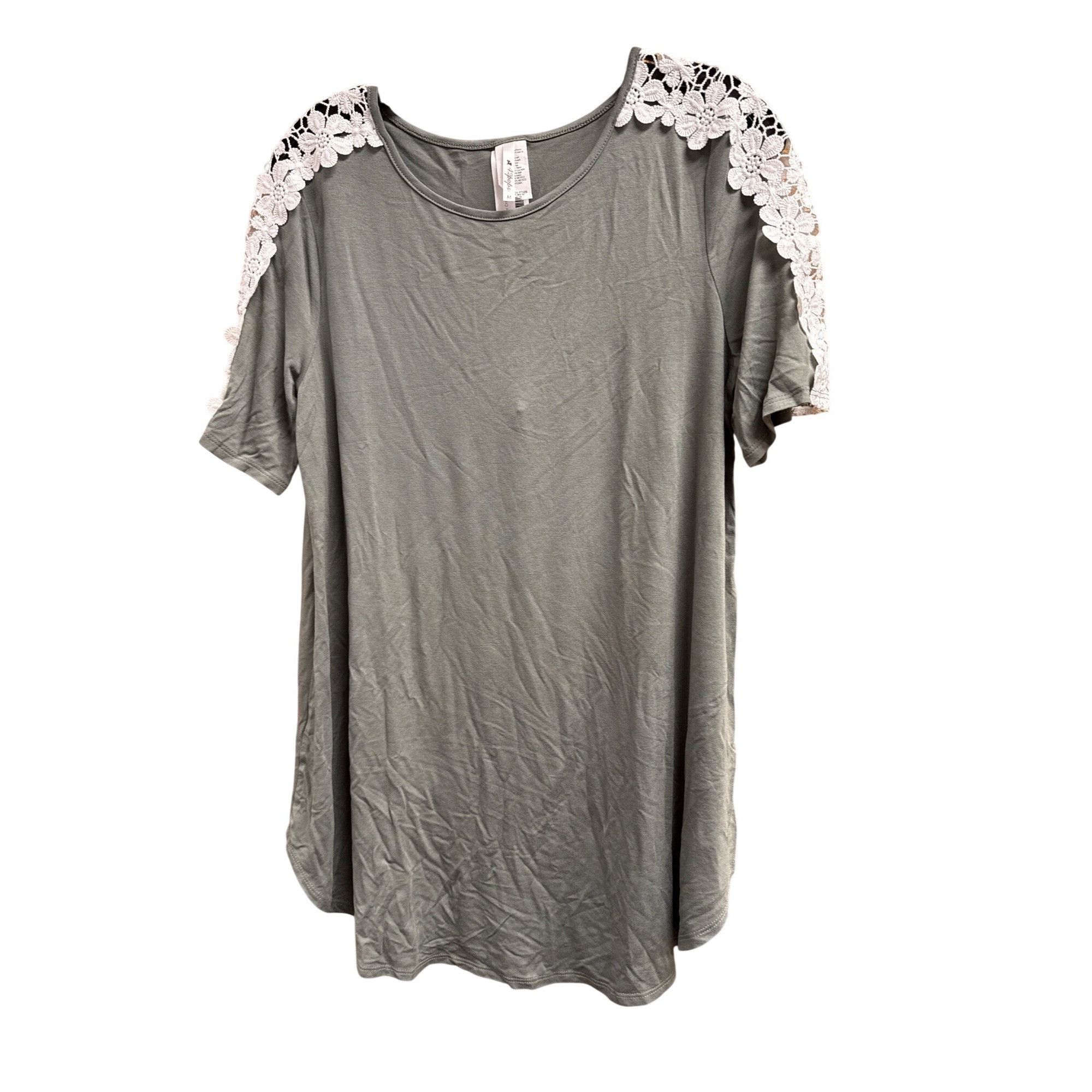 Other Lace Shoulder Olive Green Tunic Top M Short Sleeve Floral Cr Size M / US 6-8 / IT 42-44 - 1 Thumbnail