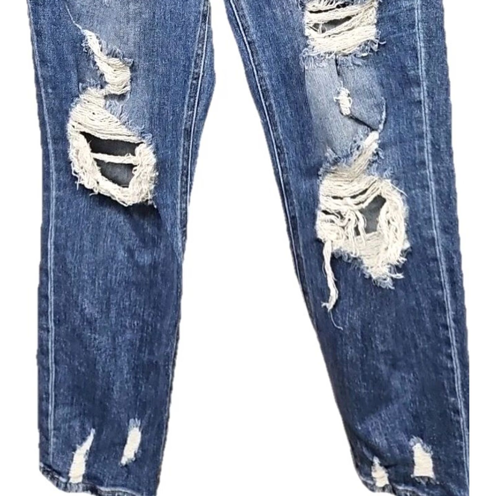 Vintage RISEN Jeans Distressed Mid-Rise Raw Hem Skinny Y2K Women’s Size 7/28 Denim Blue Distressed Regular Rise 28W 26L Jeans Women Size 28" / US 6 / IT 42 - 3 Thumbnail