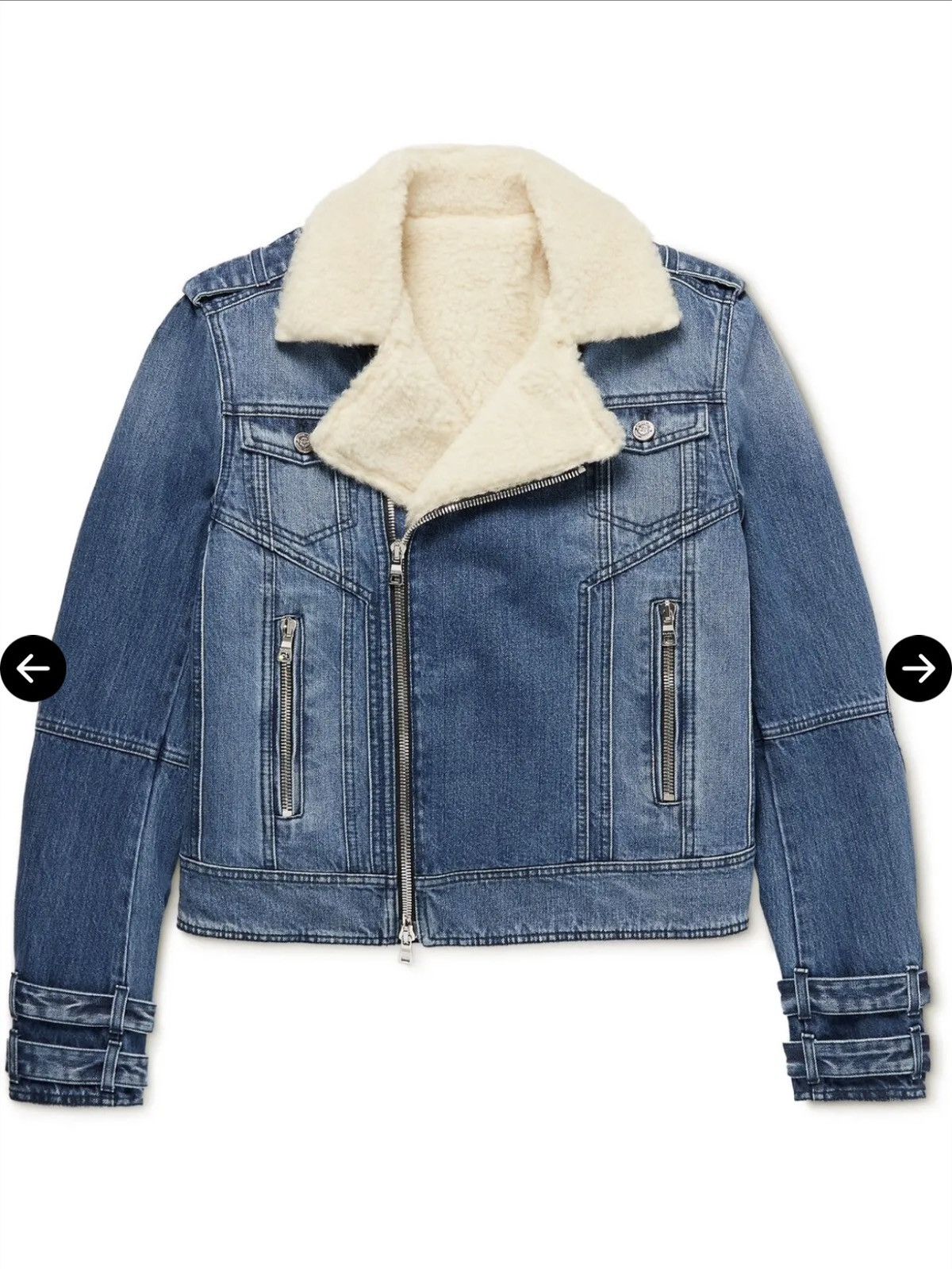 balmain Faux Shearling-Lined Denim Biker Jacket It 48