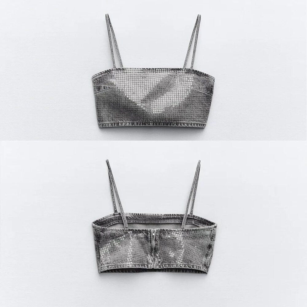 Zara New ZARA TRF Sequin Foil Denim Crop Grey Top Size L Size L / US 10 / IT 46 - 2 Thumbnail