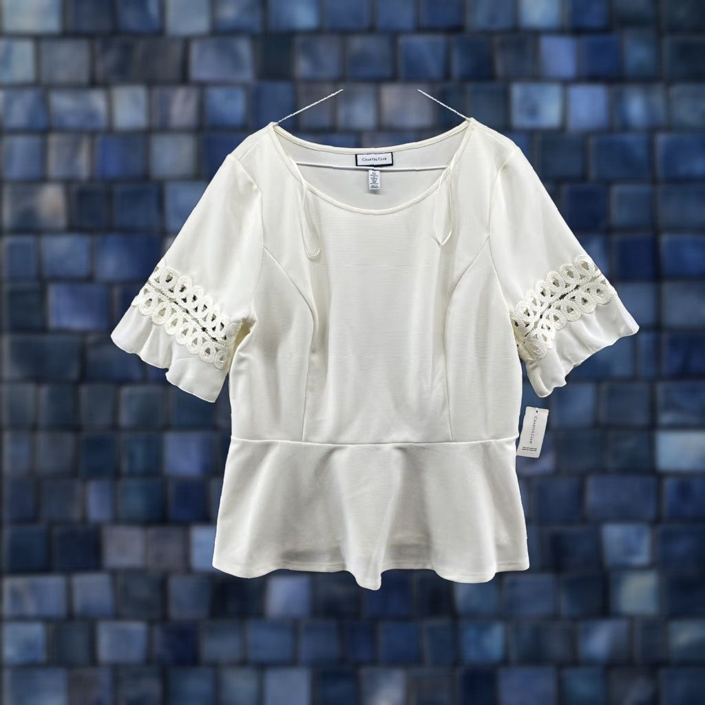 Charter Club Charter Club Blouse Lace Ivory Urban Jungle XL Short Sleeve Round Neck Career Women Regular Size Size XL / US 12-14 / IT 48-50 - 1 Thumbnail