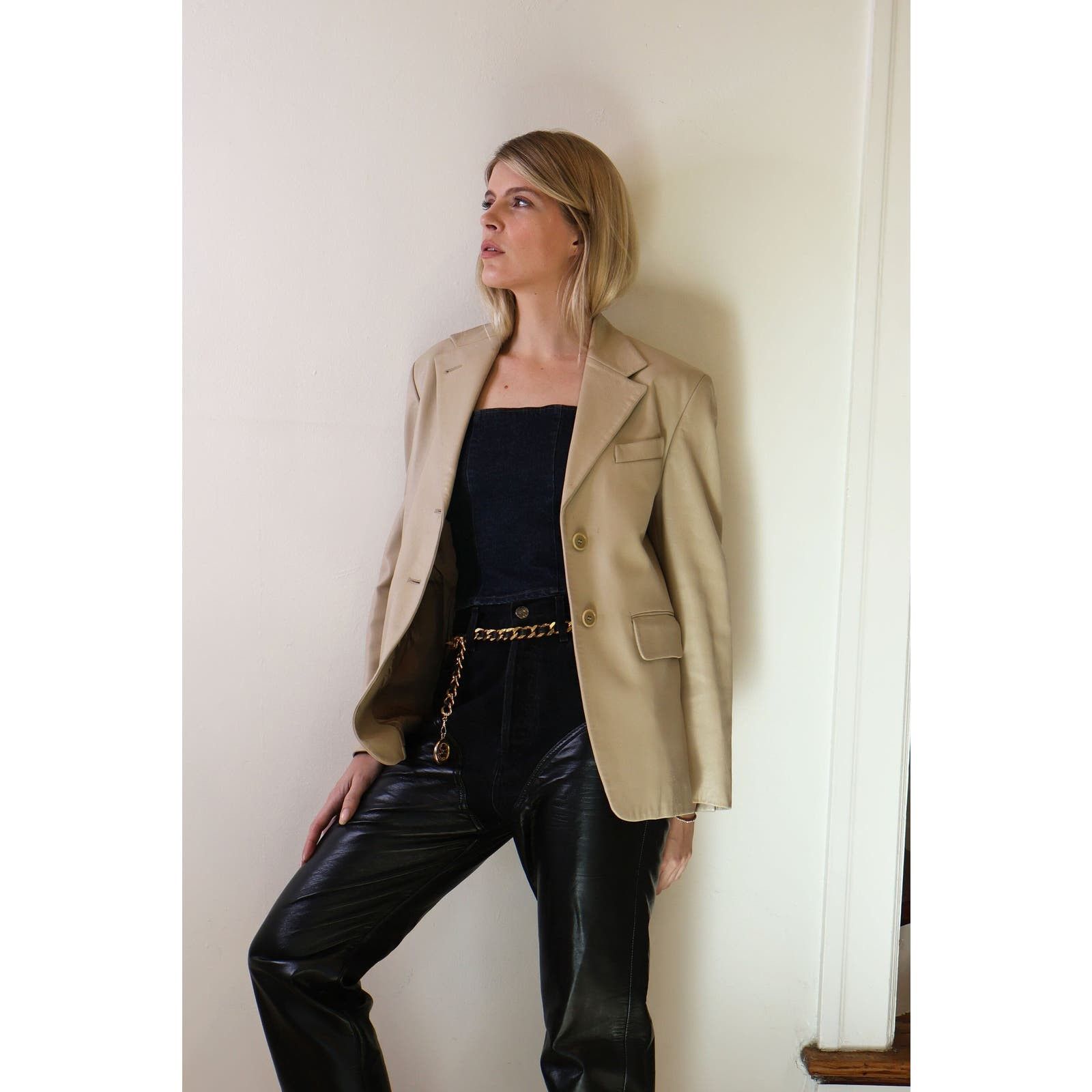 image of Vintage Richard Tyler 1990S Nude Leather Minimalist Blazer in Tan, Women's (Size Medium)