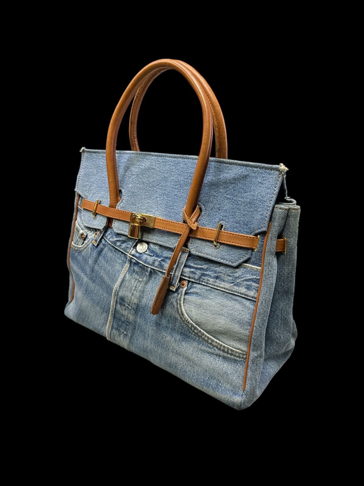 Handmade VINTAGE DENIM HANDMADE BIRKIN STYLE HANDBAG Size ONE SIZE - 5 Thumbnail