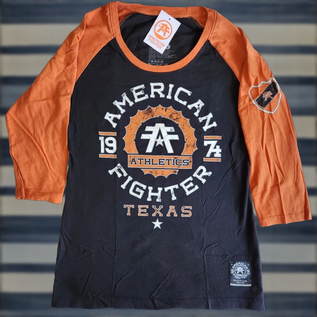 Vintage American Fighter Affliction Texas Rally Lrg Black Orange Raglan Graphic T-Shirt Size L / US 10 / IT 46 - 1 Thumbnail