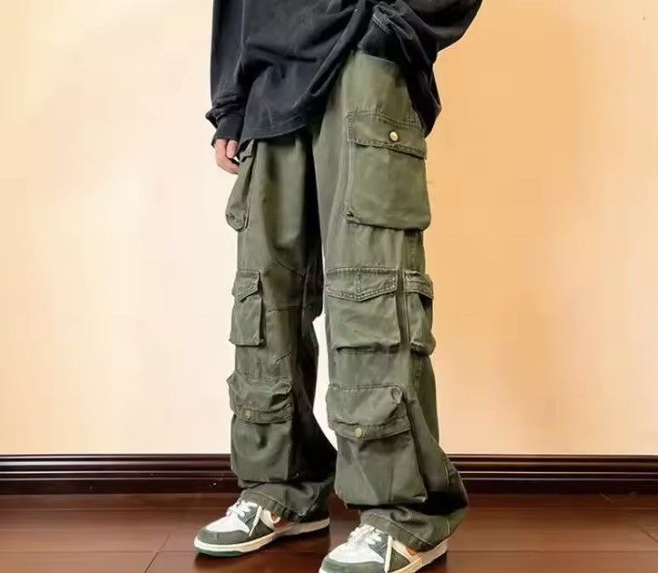 Japanese Brand Olive Green Baggy Cargo Pants - Y2K Skate Streetwear Size US 31 - 1 Thumbnail
