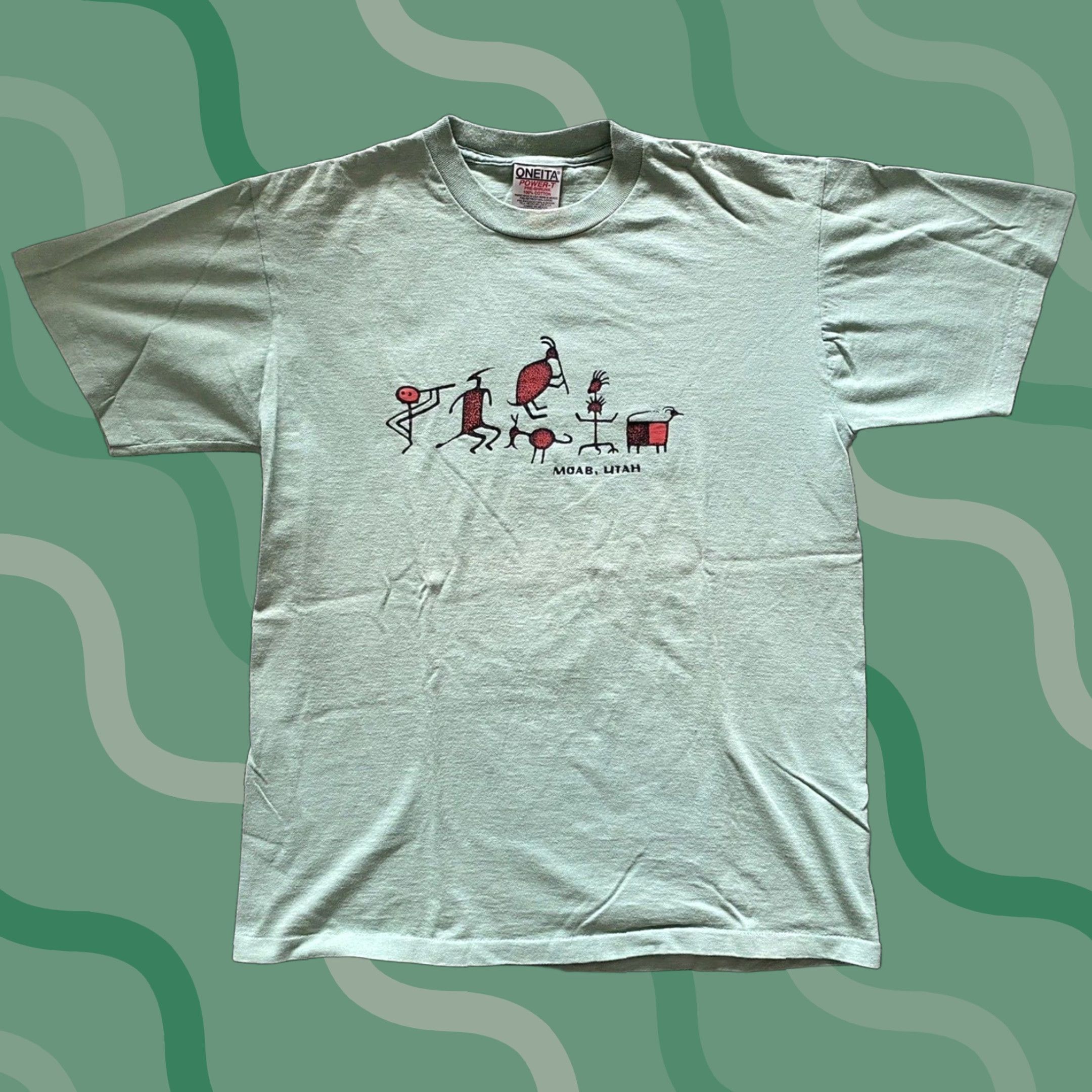 Vintage VINTAGE Oneita T-Shirt Single Stitch Power Men’s Medium Green Hieroglyphics USA 90s Aztec Art Nature Short Sleeve Mens Size US M / EU 48-50 / 2 - 1 Thumbnail