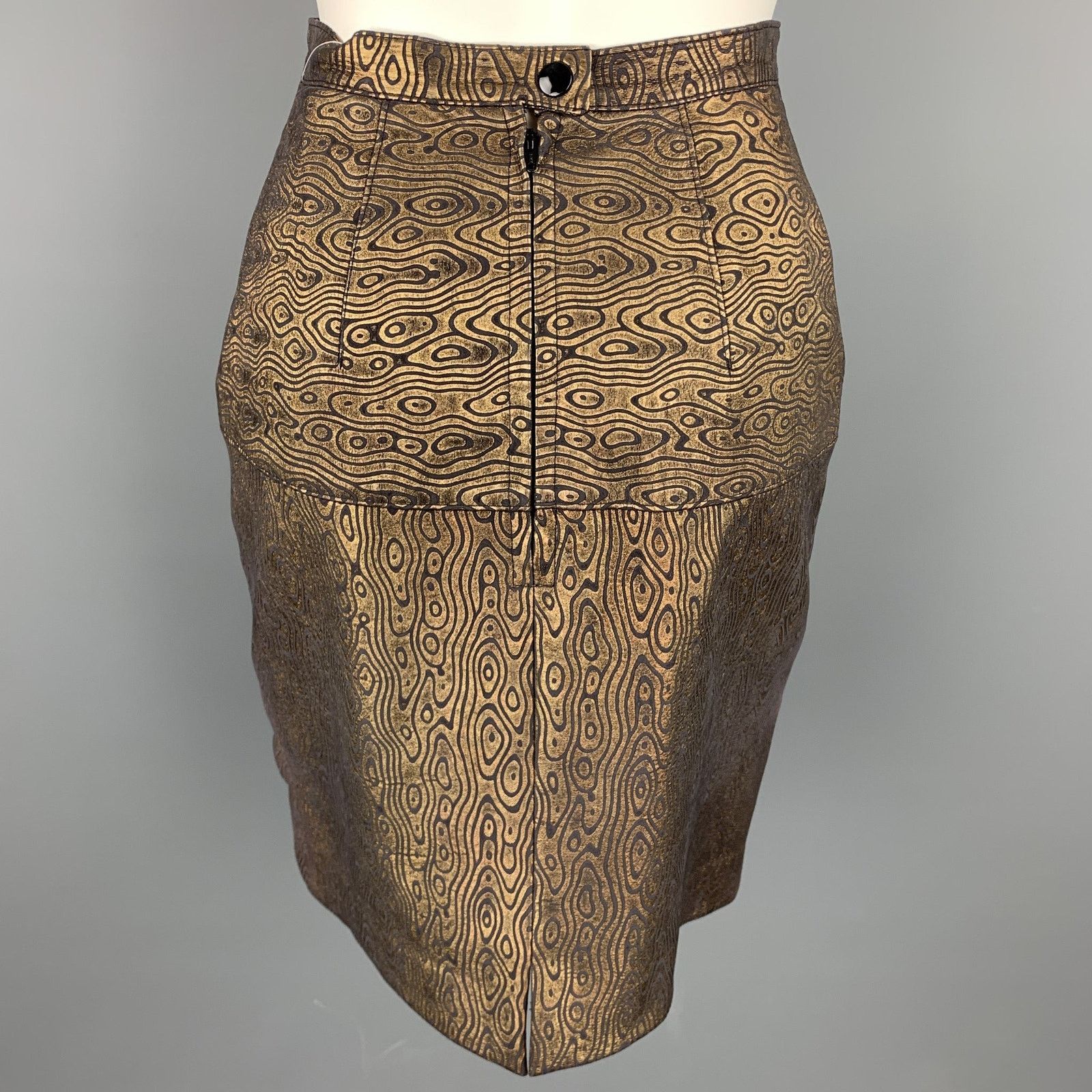 Harrods HARRODS Size 8 Black & Gold Abstract Leather Ruched Skirt Size 30" / US 8 / IT 44 - 4 Thumbnail