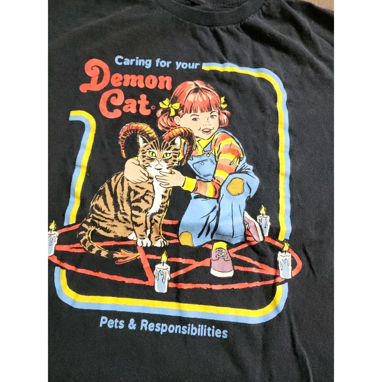 Vintage Steven Rhodes Mens T-Shirt Black XS Caring For Your Demon Cat Funny Halloween Shirt Mens XS Black Caring For Your Demon Cat Shirt Size US XS / EU 42 / 0 - 2 Thumbnail