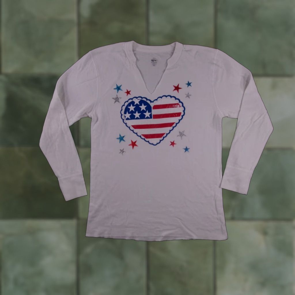 Vintage Duofold Top Women Small White Heart USA American V Neck Summer Beachy Casual Size S / US 4 / IT 40 - 1 Thumbnail