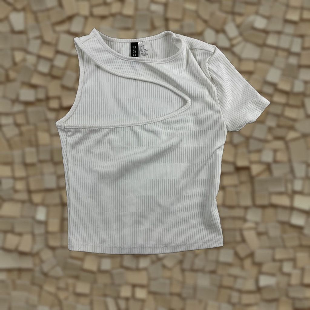 H&M Divided by H&M Shirt Womens XS White Ribbed Crop Top Cut Out Rag & Bone T-Shirt Casual Modern Cropped Short Sleeve Boat Neck Pullover Size XS / US 0-2 / IT 36-38 - 1 Thumbnail