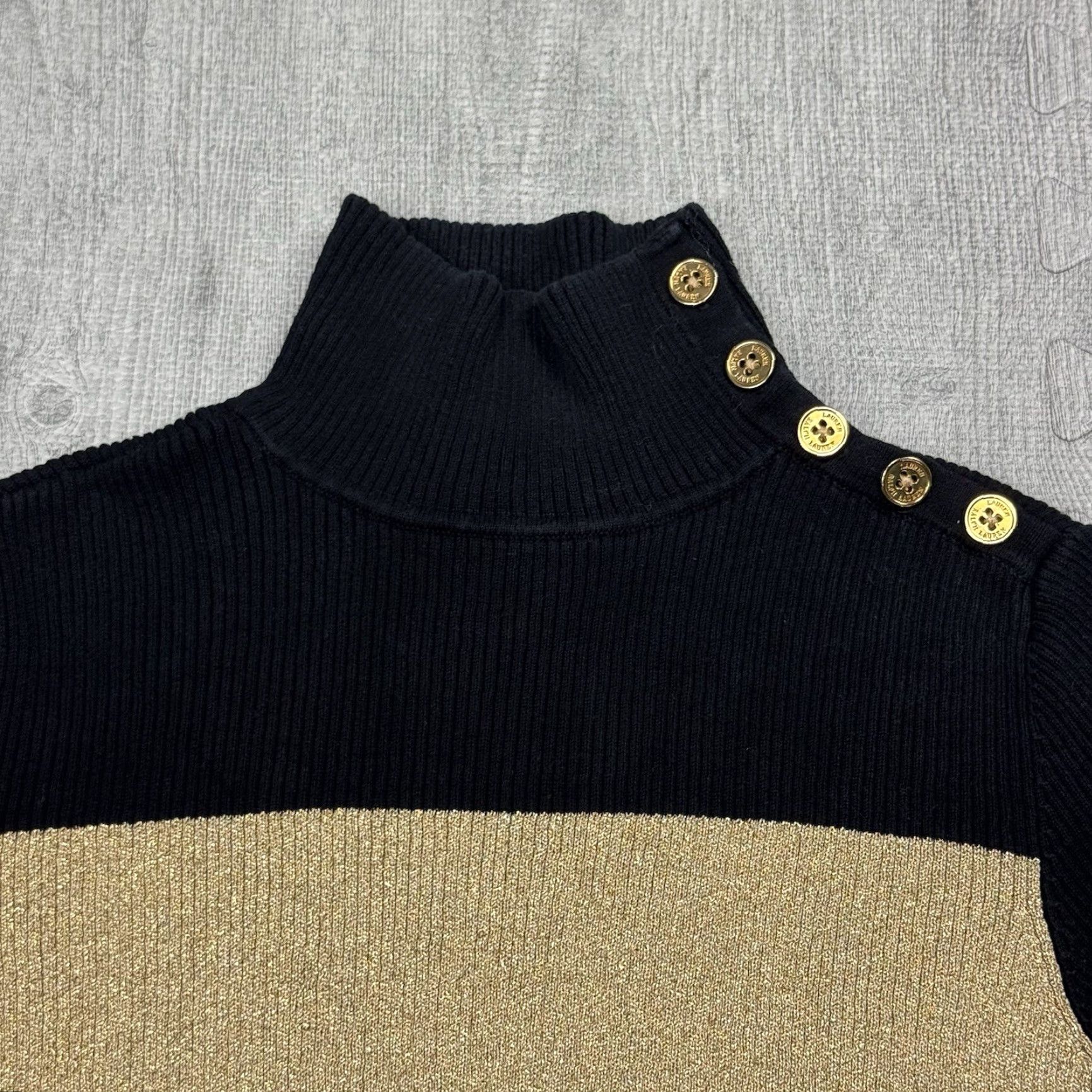 Ralph Lauren Lauren Ralph Lauren Black with Gold Metallic Stripes Turtleneck Cable-Knit Dolman Sleeve Sweater - Women, Size M, Classic Fit Size M / US 6-8 / IT 42-44 - 2 Thumbnail