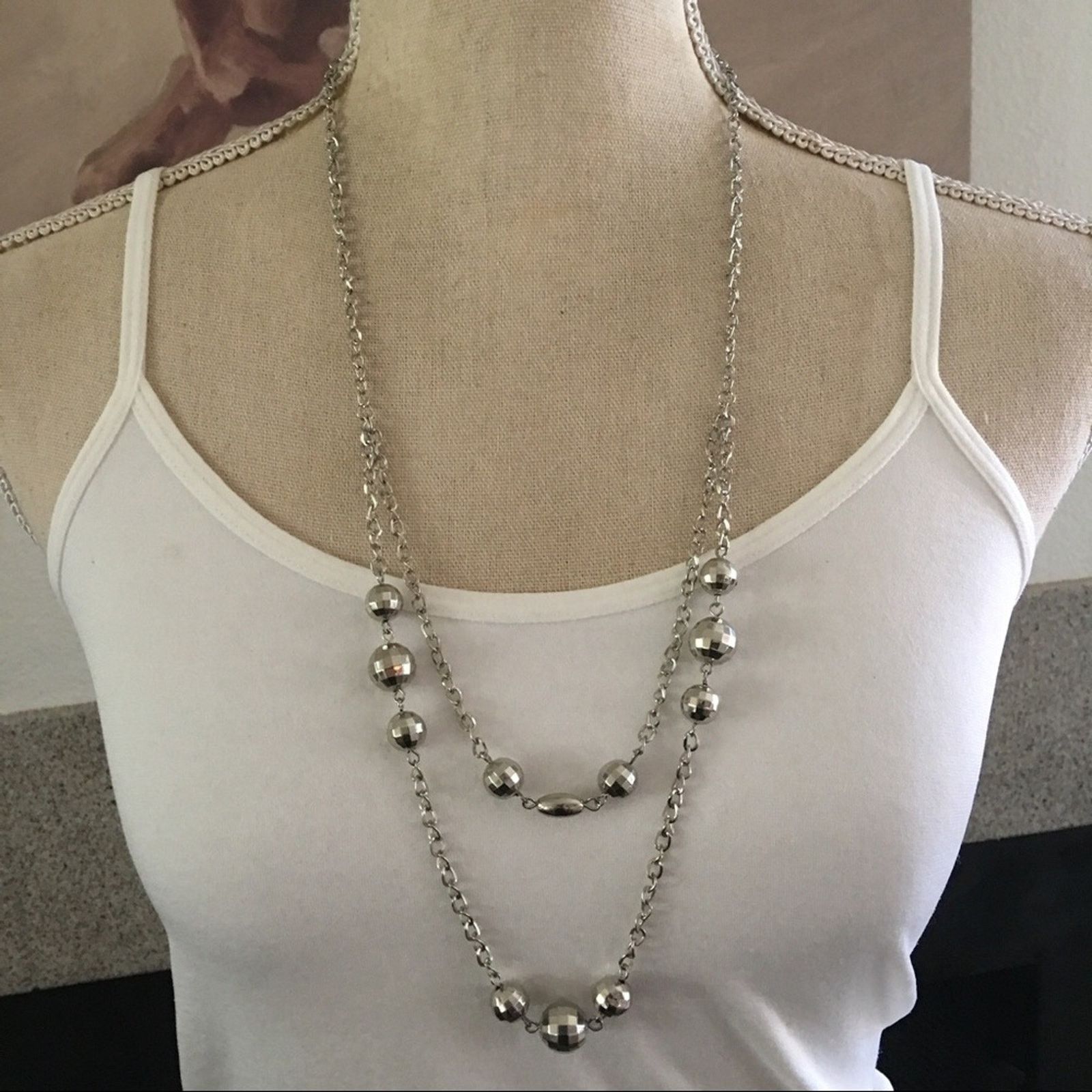 Jewelry Double strand layered faceted silver beaded chain necklace Size ONE SIZE - 1 Thumbnail