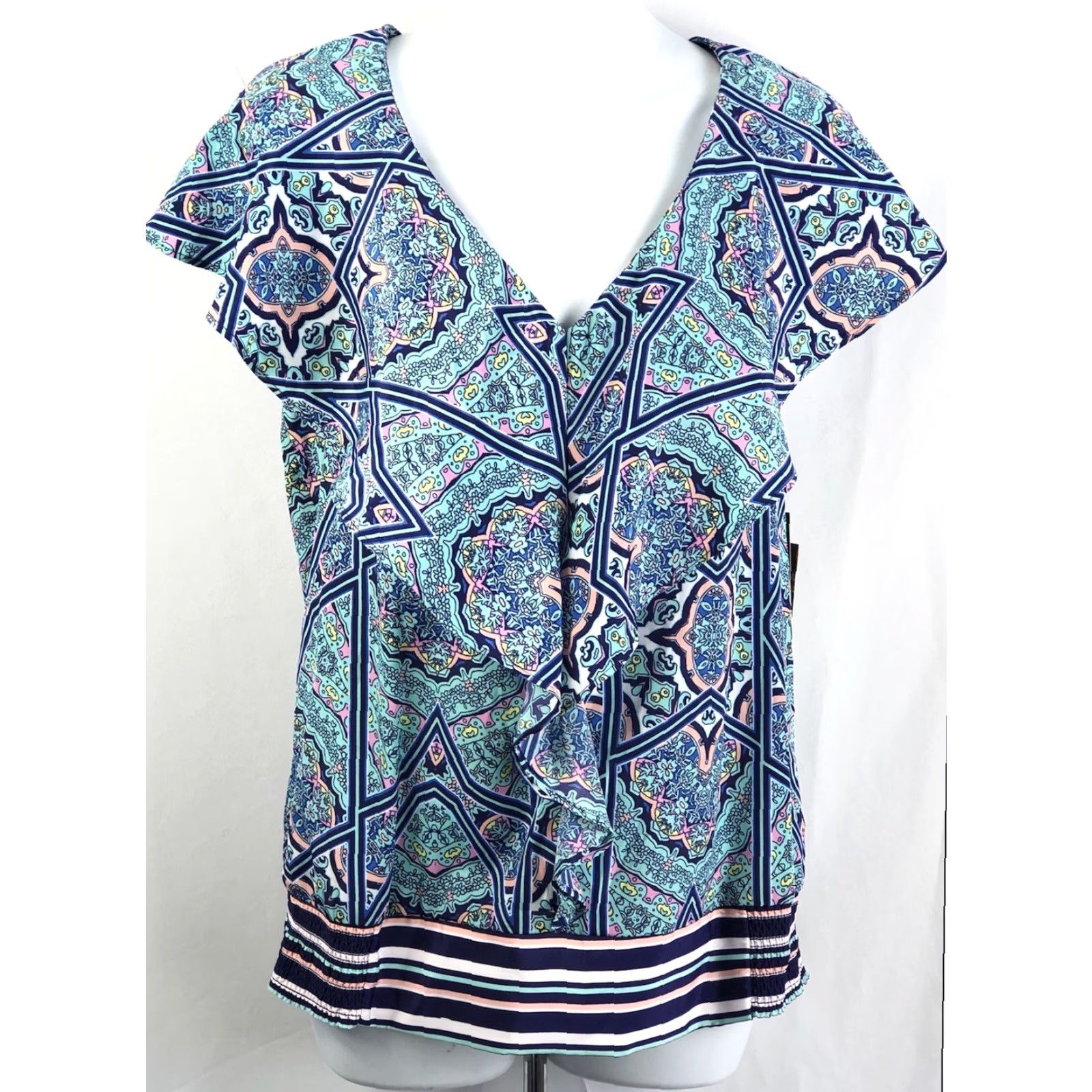 AQUA Attention Blouse Shirt M Aqua Geo Silky Flutter Cap Sleeve NWT Boho Psychedelic Ruffles Geometric Bohemian Nightwear? Size M / US 6-8 / IT 42-44 - 5 Thumbnail