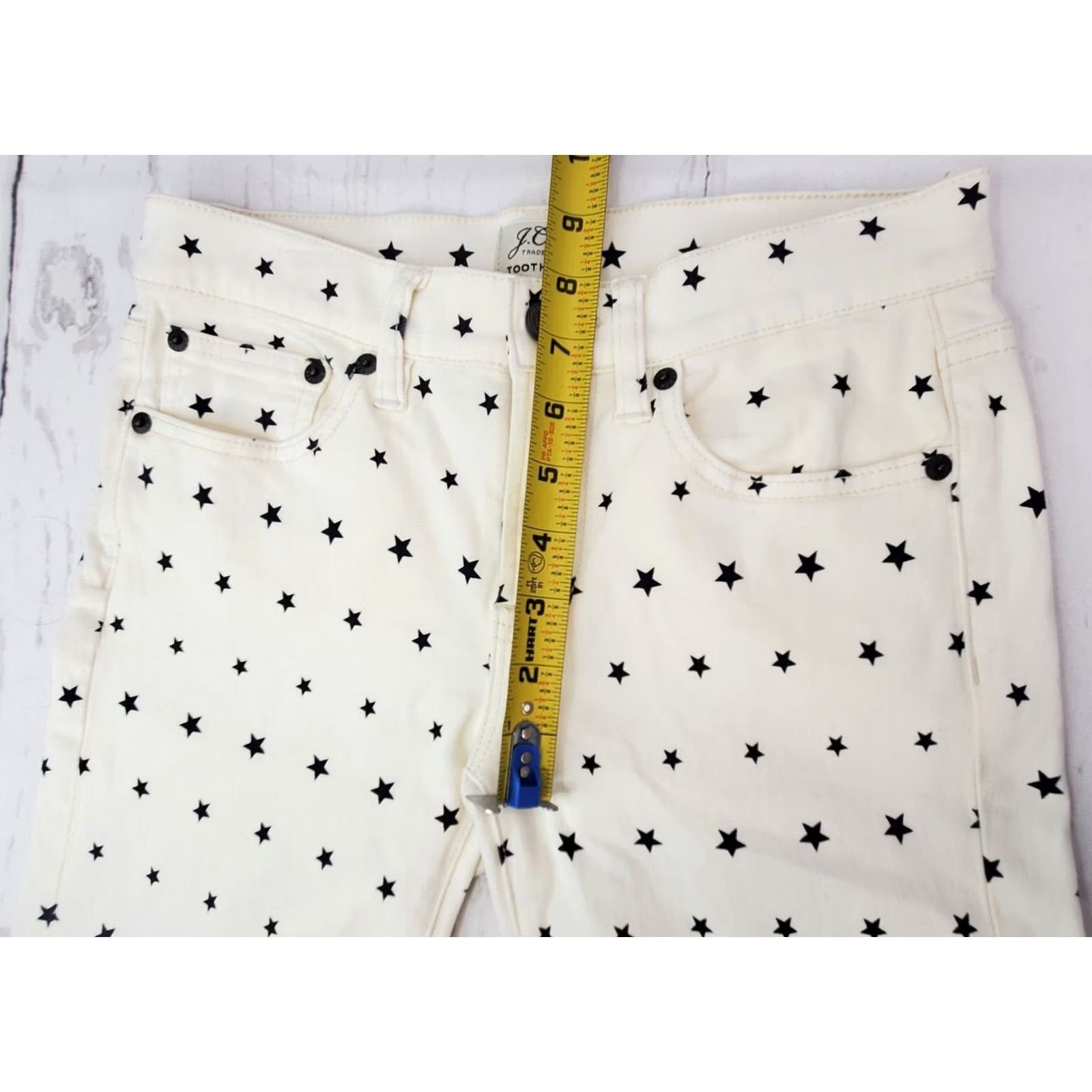 J.Crew J.CREW Toothpick Skinny Jean Women 24 White Star Print Mid Rise Stretch EUC - Regular - 26x27 - 4th Of July Theme - Stars - Denim - Cotton Blend Size 26" / US 2 / IT 38 - 4 Thumbnail