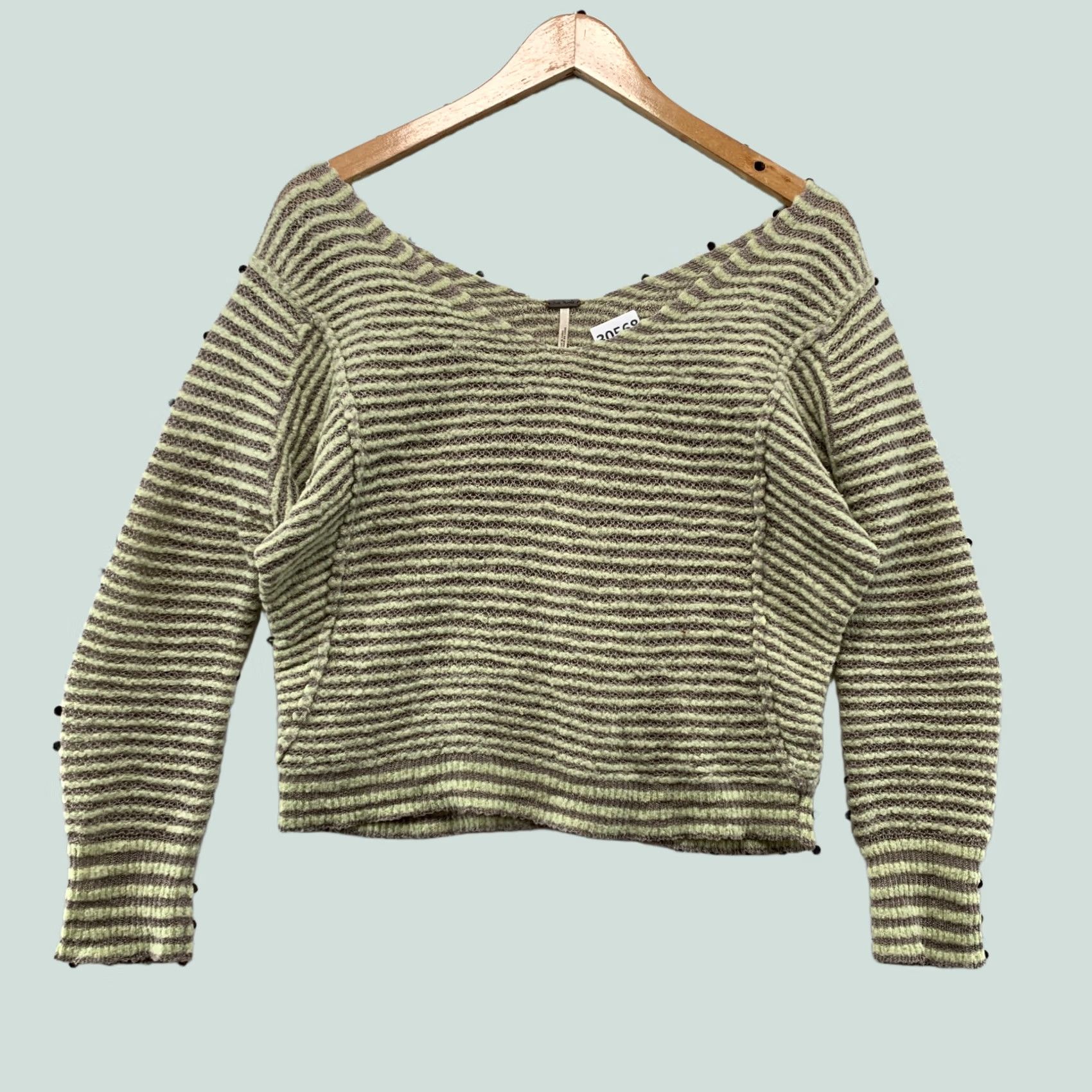 Free People Free People Striped Sweater Womens XS Wool Linen Blend V Neck Beige 21.5" width Size XS / US 0-2 / IT 36-38 - 1 Thumbnail