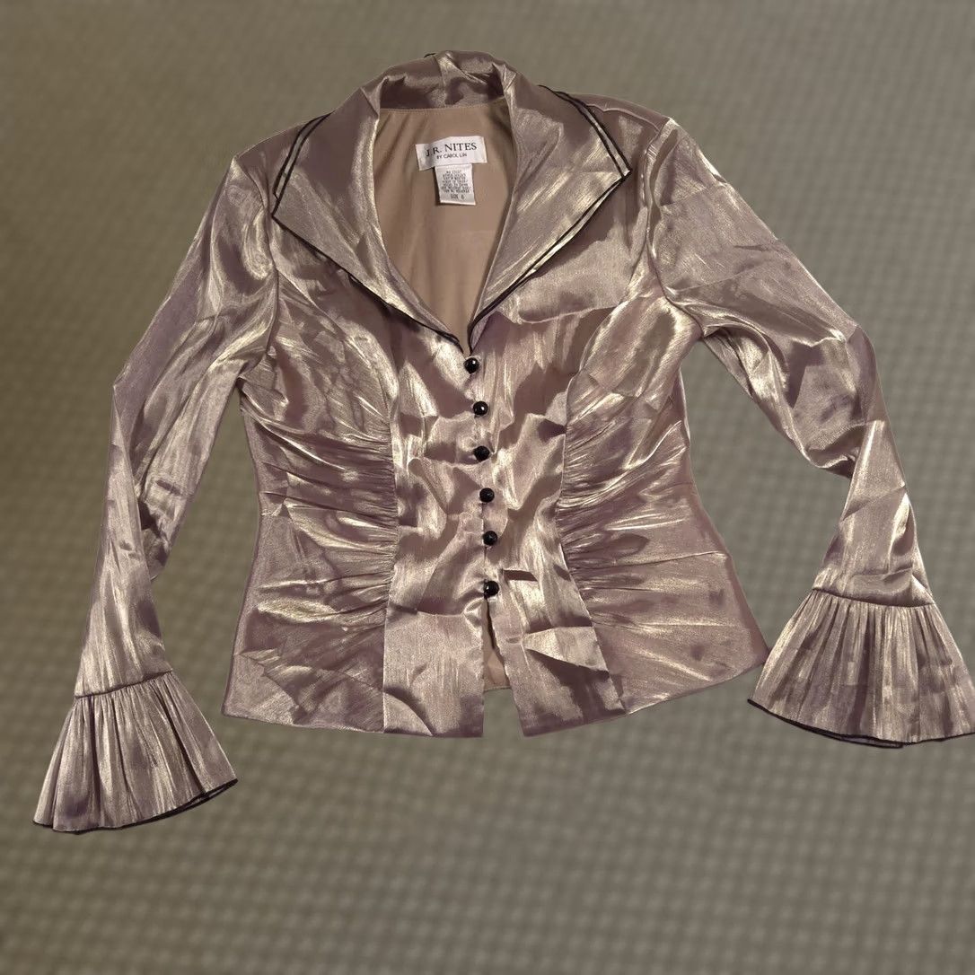 Vintage J.R. Nites Blazer Womens 6 Gold Metallic Shimmer Ruched Tuxedo Pleated Sleeve Jacket Size M / US 6-8 / IT 42-44 - 1 Thumbnail