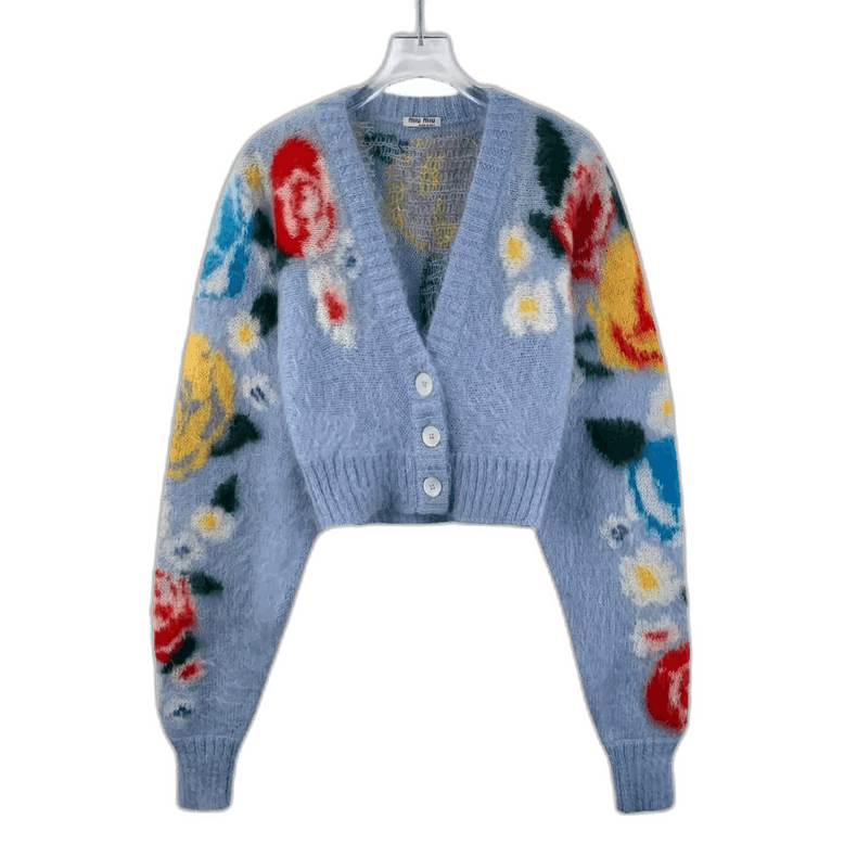 Blue Floral VNeck Knit Cardigan Sweater-2506
