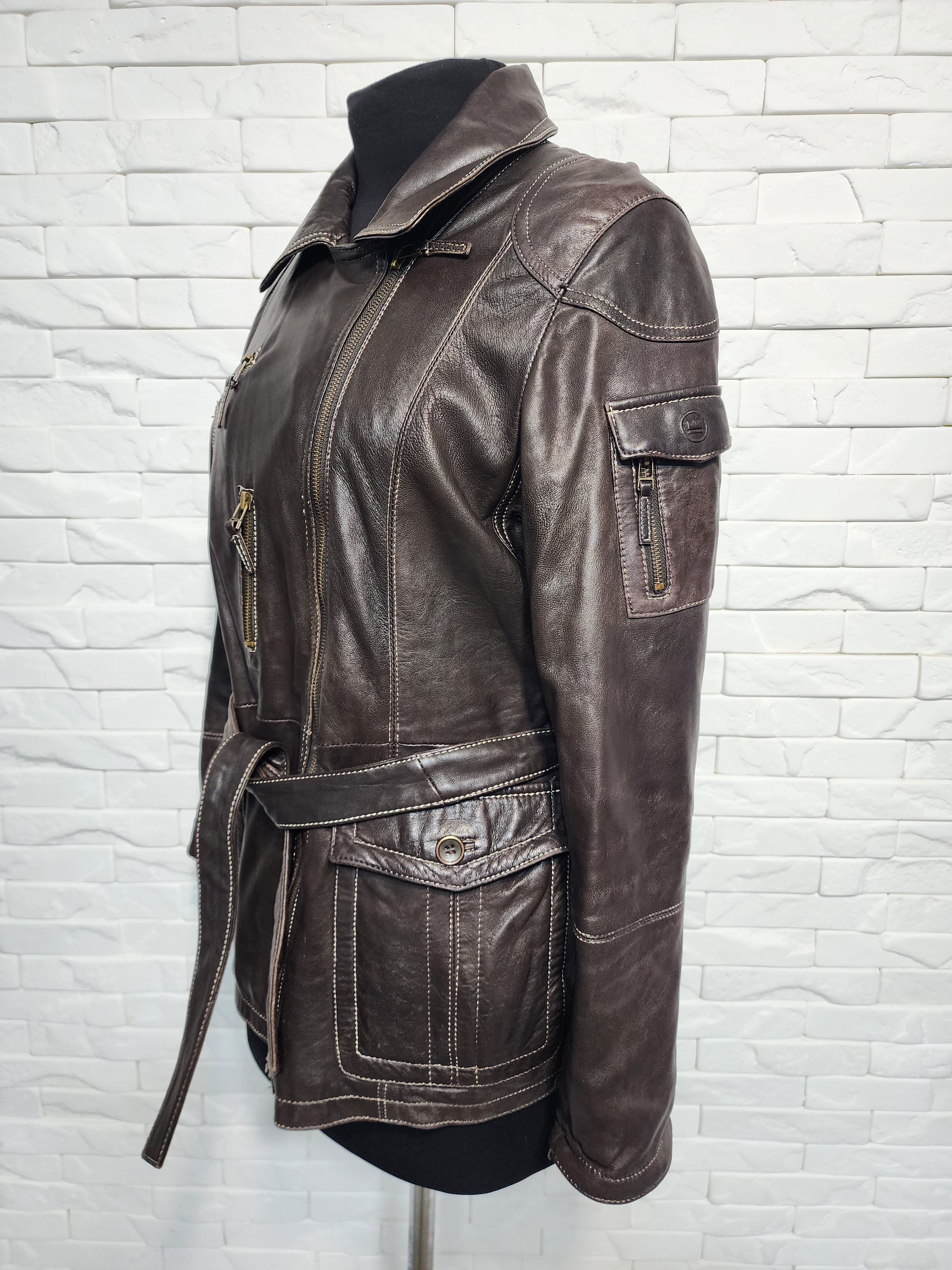 Designer Brown Leather Belted Jacket: Size L / US 10 / IT 46 - 3 Thumbnail