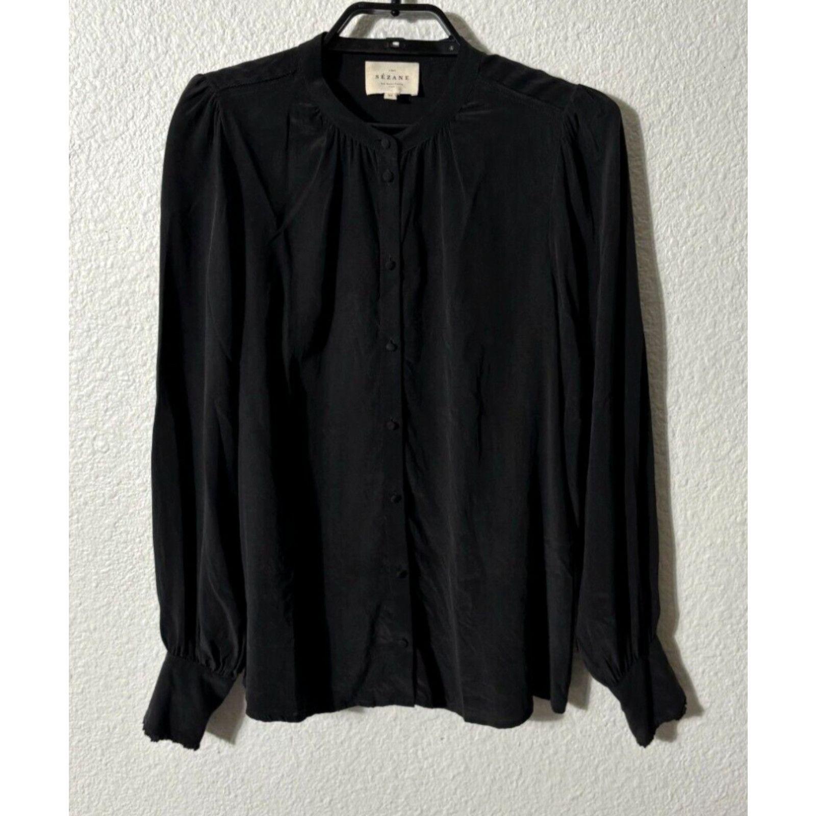 image of Vintage Sezane Blouse Womens 36 Black Silk Long Sleeve Button Up Solid in White (Size XS)