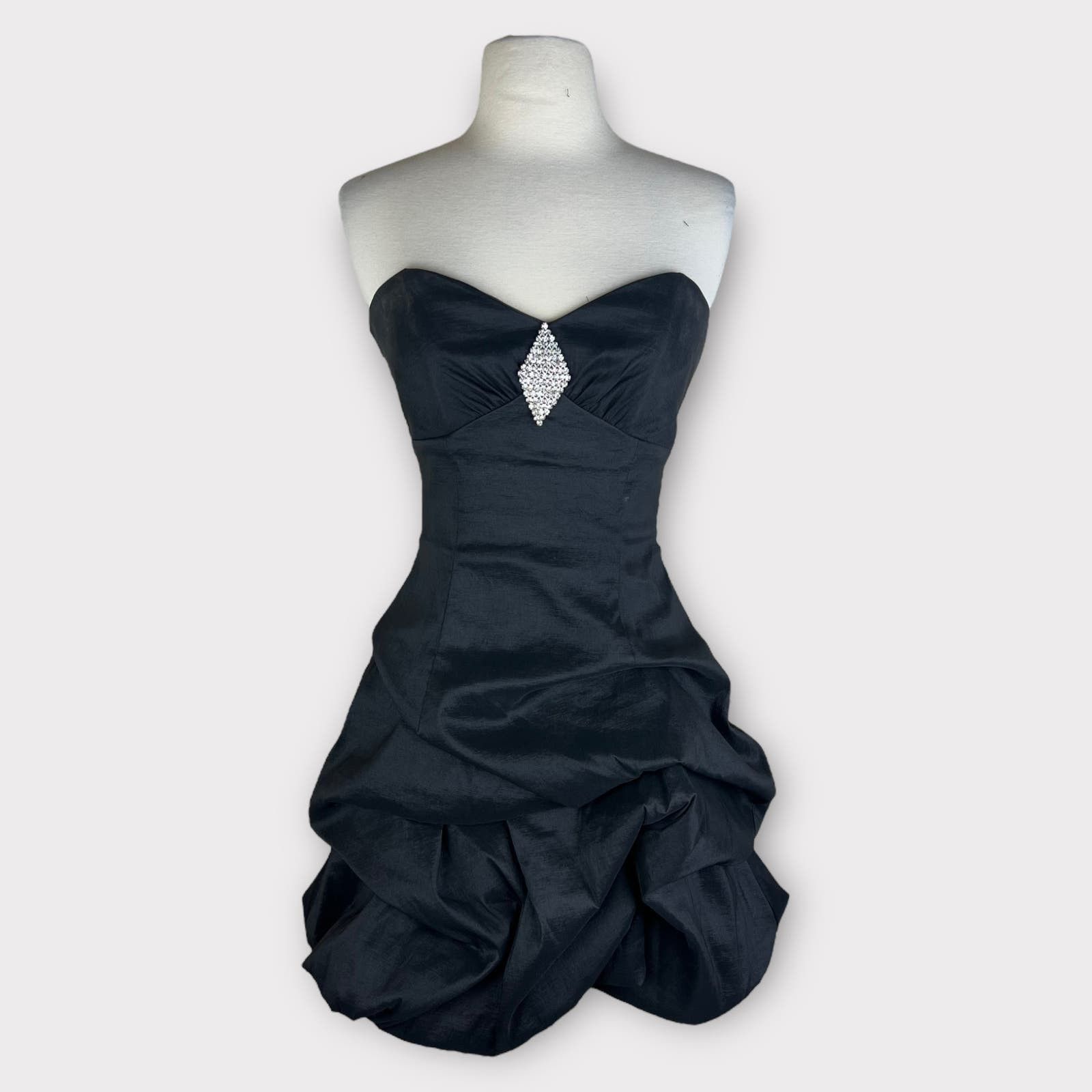 image of Vintage Jessica Mcclintock | Y2K Strapless Rhinestone Bubble Dress in Black, Women's (Size XS)