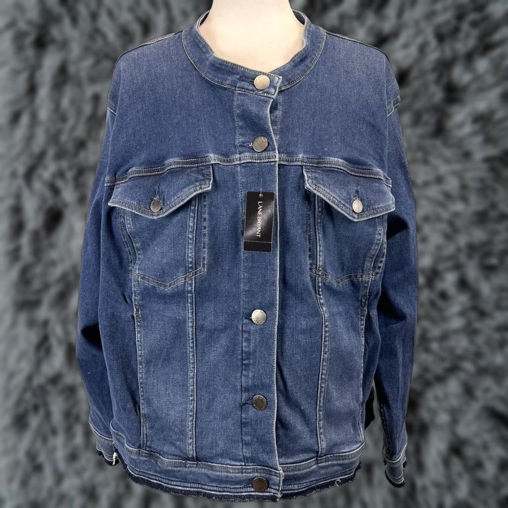 Lane Bryant Jean Denim Jacket Plus NWT 26 Stretch Band Collar Released Hem Blue Women Jacket