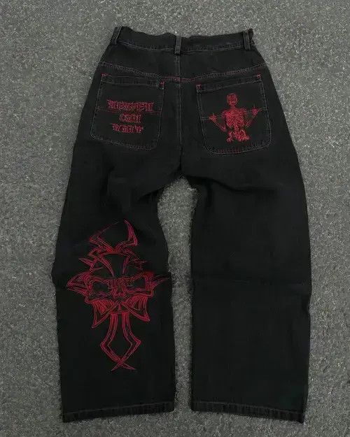 Retro Skull Embroidery Washed Baggy Denim