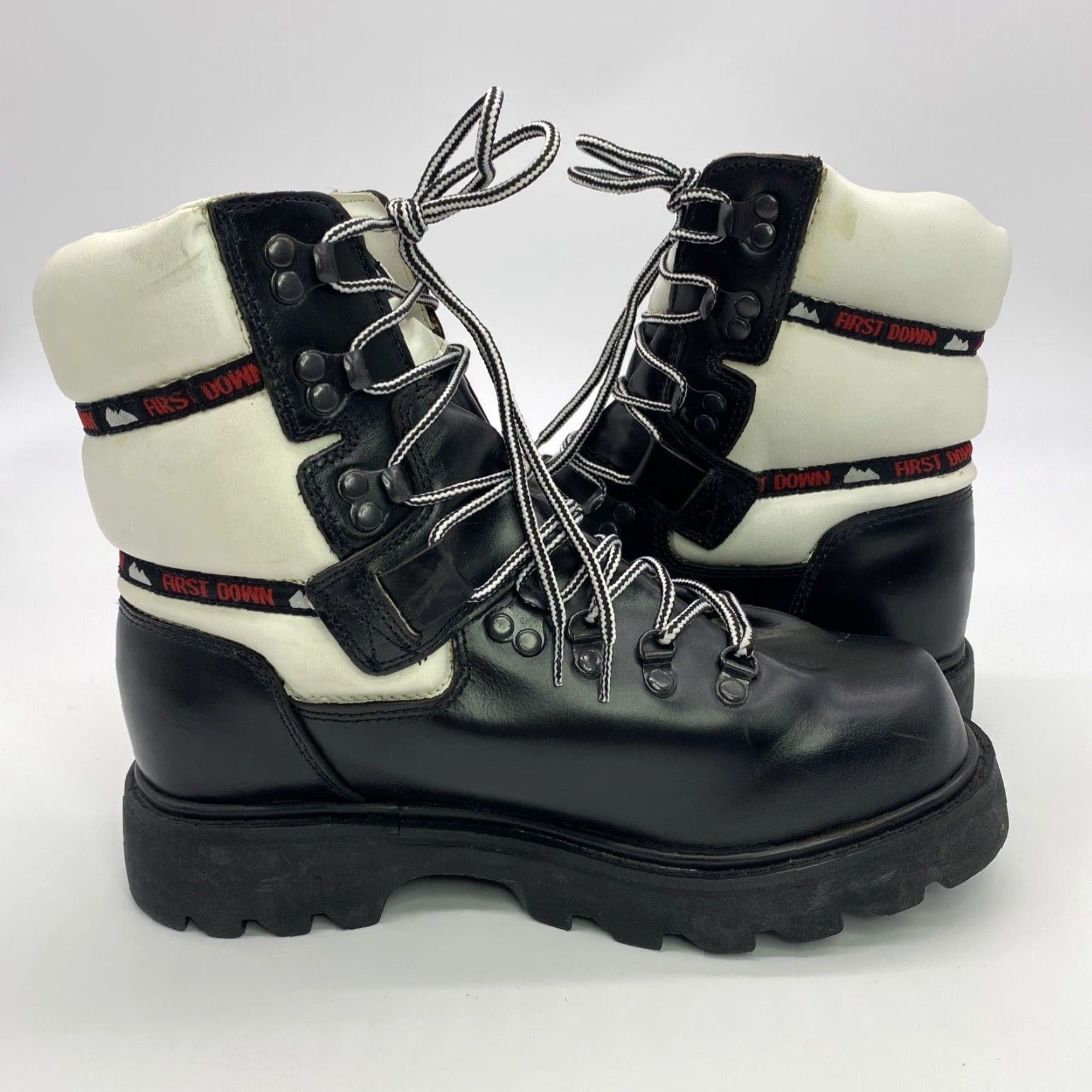 Vintage VINTAGE FIRST DOWN Mens Boots Leather Black White Moon-Style 1990s 8.5M, Military/Landgirl Look, Rare Down to Hype Rave/Club Shoes Size US 8.5 / EU 41-42 - 6 Thumbnail
