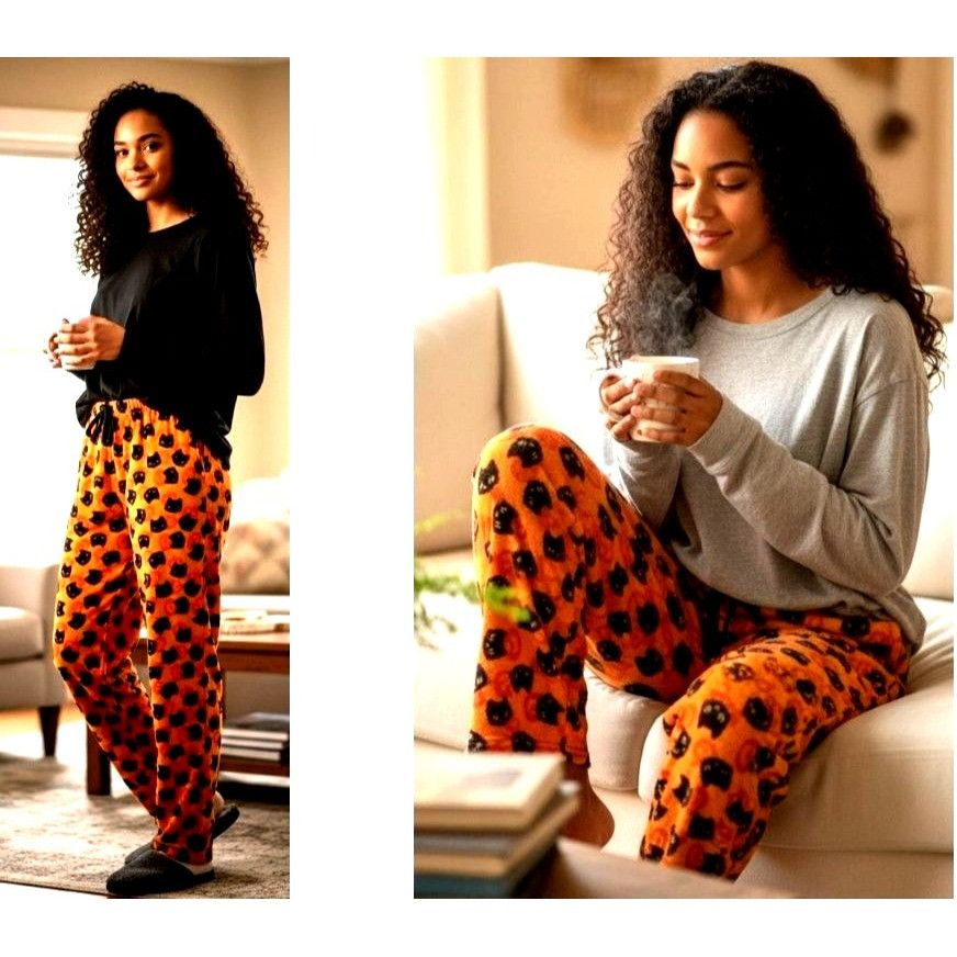 Other Pillow Talk Pajama Bottoms Medium Black Cats Jack O Lanterns Size 30" / US 8 / IT 44 - 2 Thumbnail