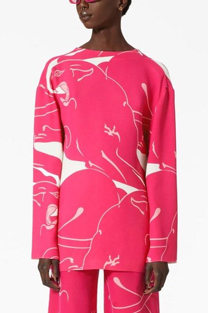 Valentino o1s22i1n0924 Cady Panther Blouse in Fuchsia Size M / US 6-8 / IT 42-44 - 2 Thumbnail