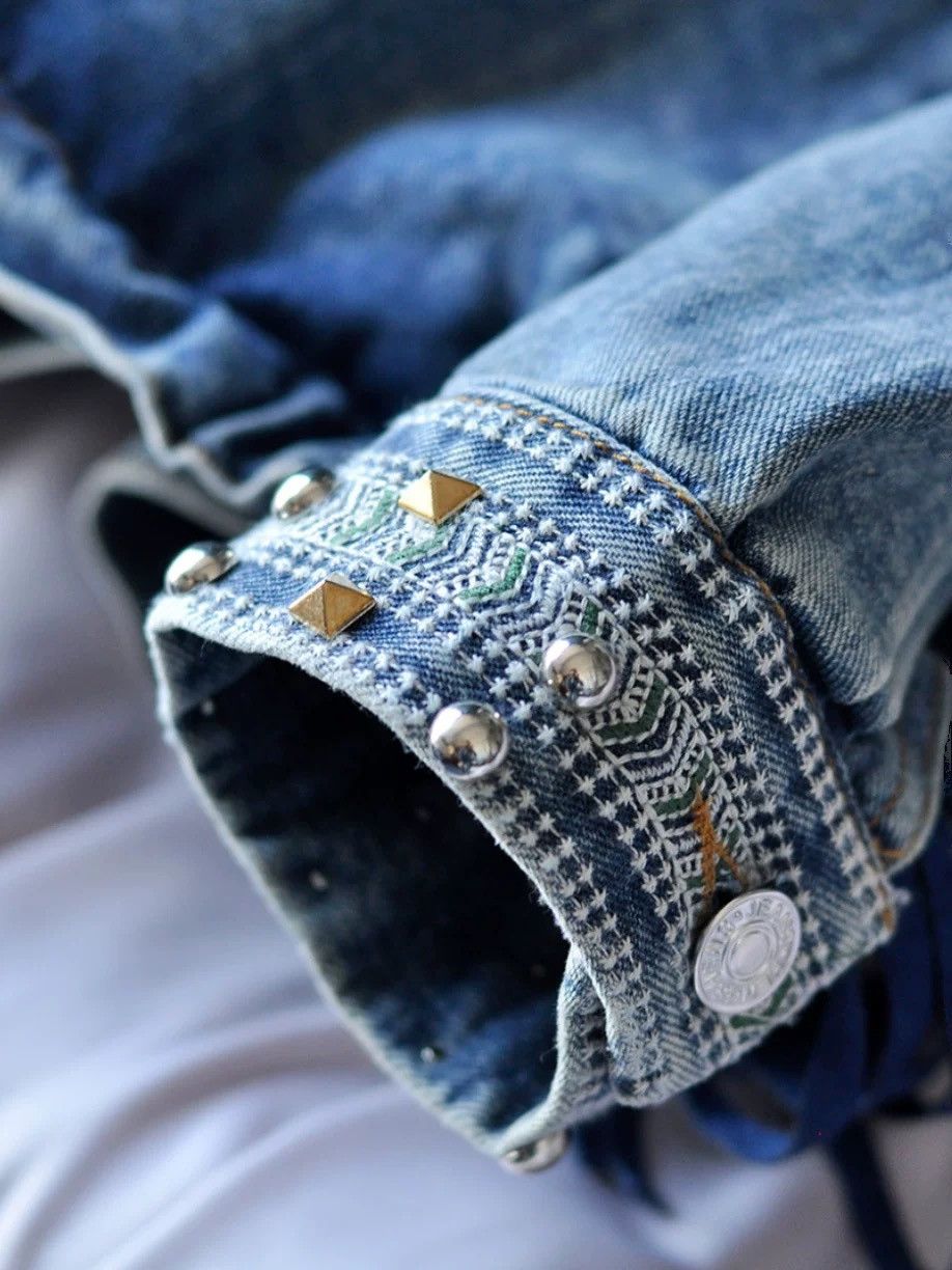 Other ✨ NEW Vintage-Style Studded Fringe Denim Jacket Size L / US 10 / IT 46 - 3 Thumbnail