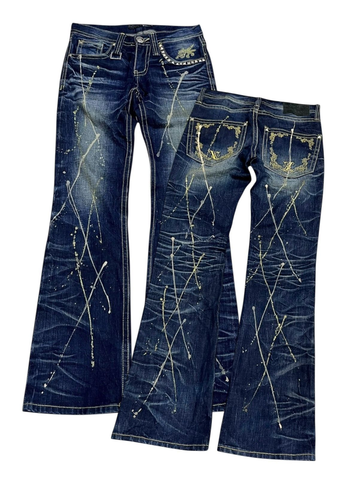 Japanese Brand 🔥RARE XFRM Gold Splatter Studded Flare Rockstar Denim Size US 27 - 1 Thumbnail