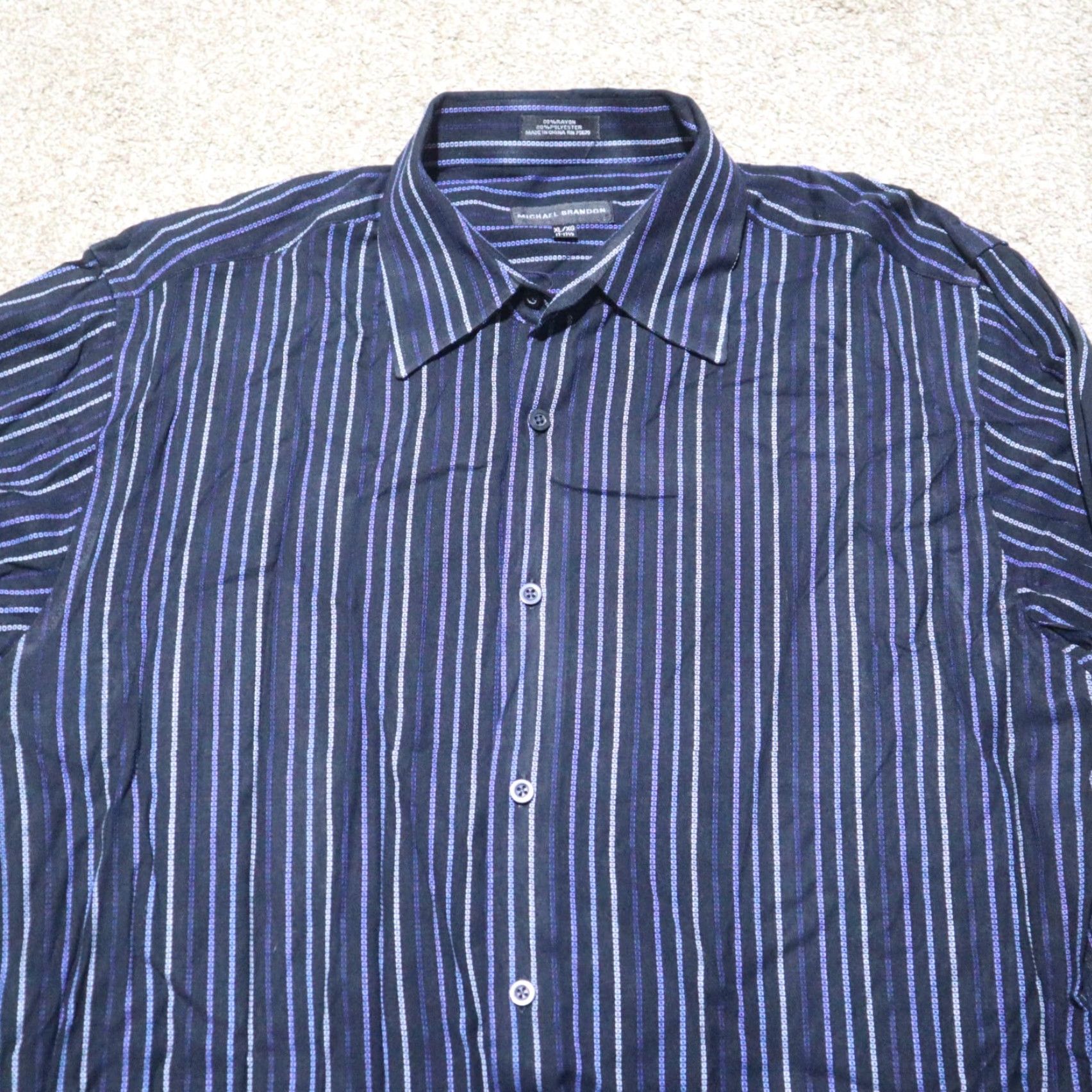 Vintage Michael Brandon Shirt Button-Up XL Blue Mens Casual Slim 17.5 Rayon 89% Striped Geometric Vintage No N/A Size US XL / EU 56 / 4 - 2 Thumbnail