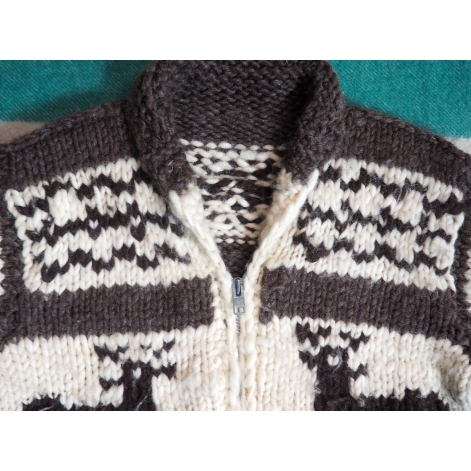 Vintage VTG 80s Ivory Cream Brown Heavy Wool Knit Deer Lodge Zip Cowichan Sweater Mens S Size US S / EU 44-46 / 1 - 5 Thumbnail