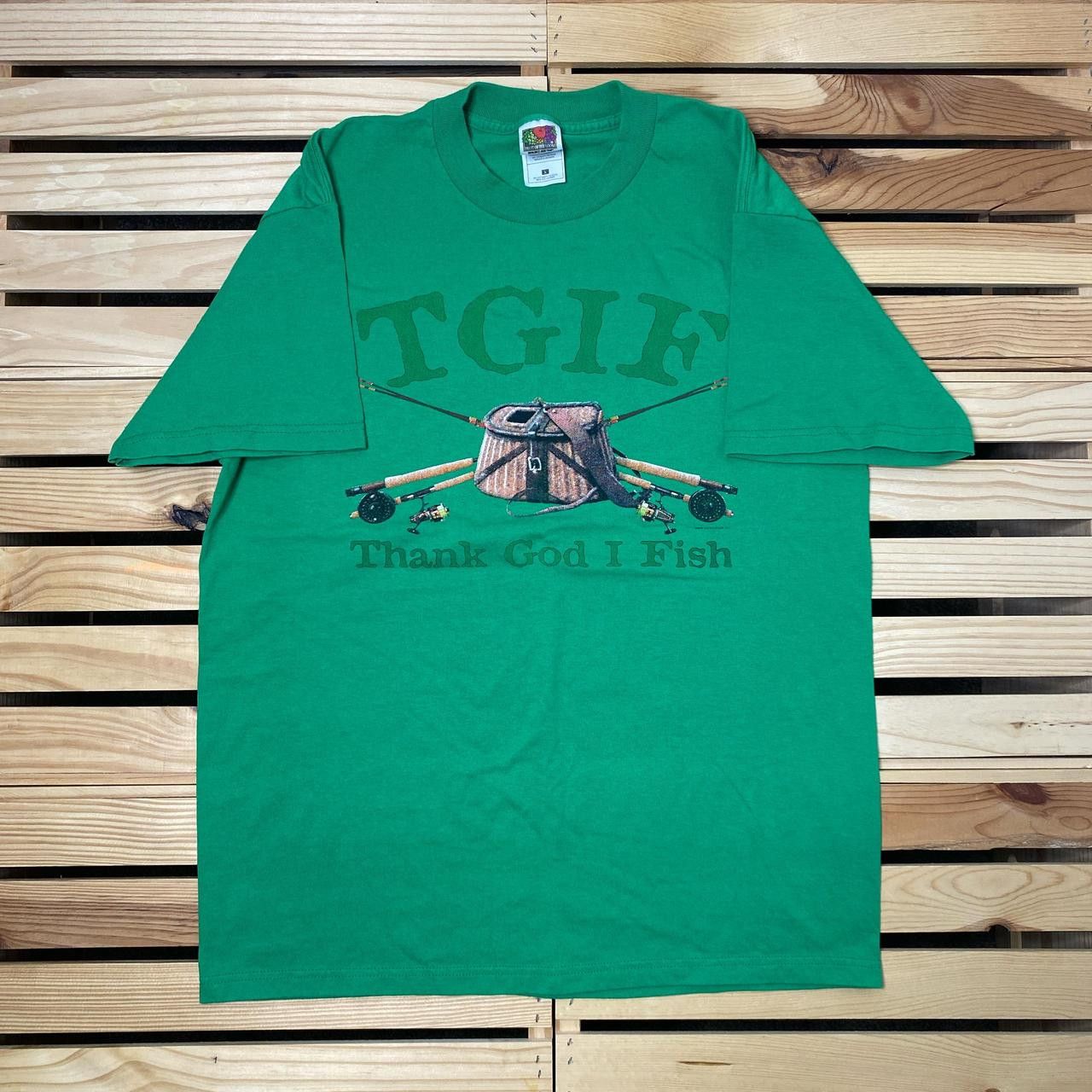 Fruit Of The Loom Vintage T.G.I.F. Green Funny Fishing Tee Size Large Size US L / EU 52-54 / 3 - 1 Thumbnail