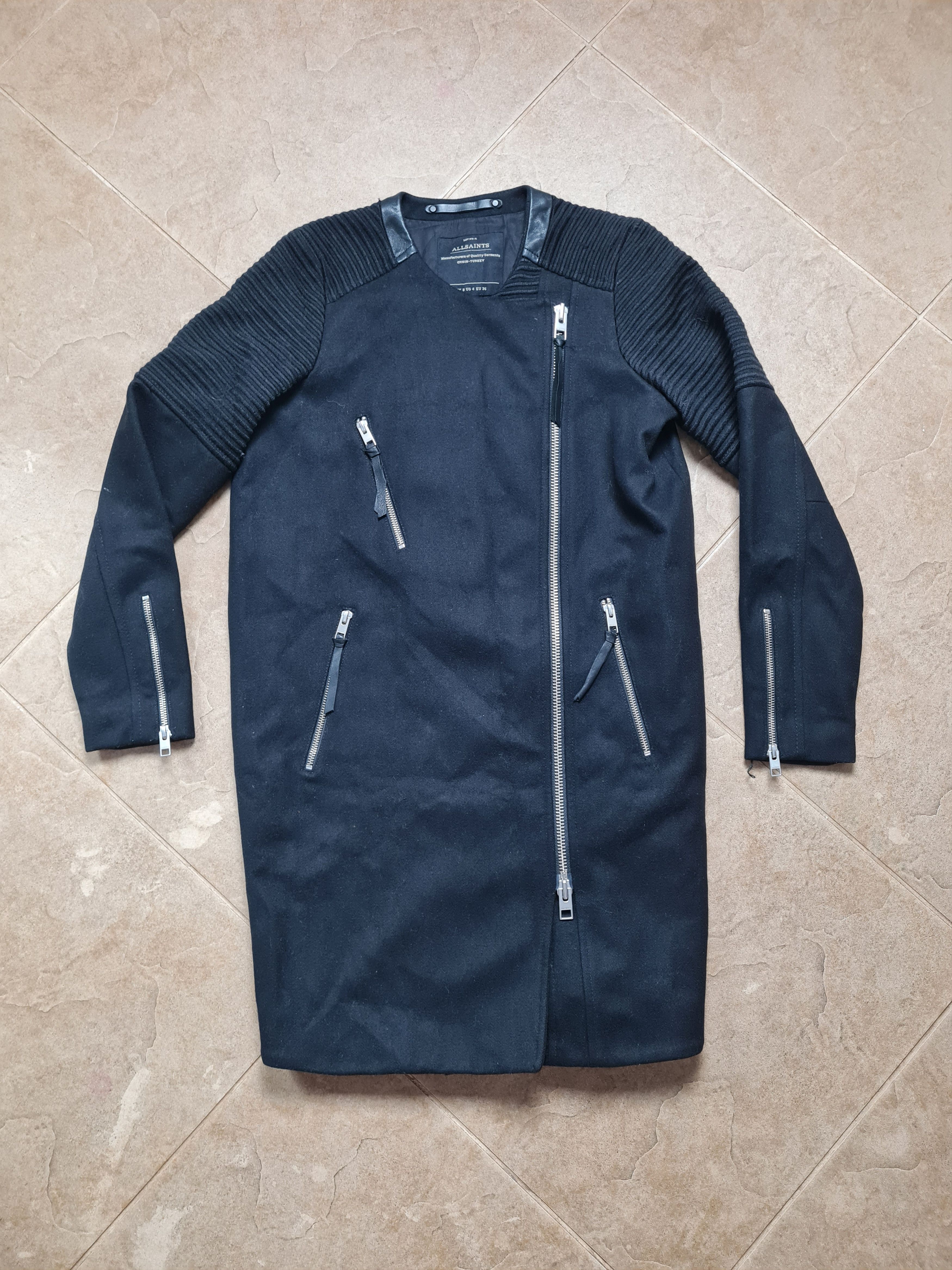 Allsaints AllSaints Black Biker Coat Long Jacket Asymmetric Zip Wool Size S / US 4 / IT 40 - 1 Thumbnail
