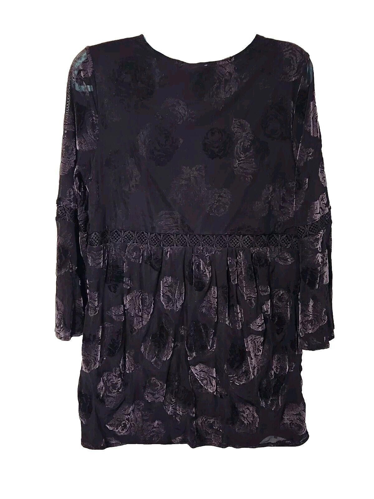 Designer Entro Dress Medium Black Floral Velvet Bell Sleeves V Neck Size M / US 6-8 / IT 42-44 - 5 Thumbnail