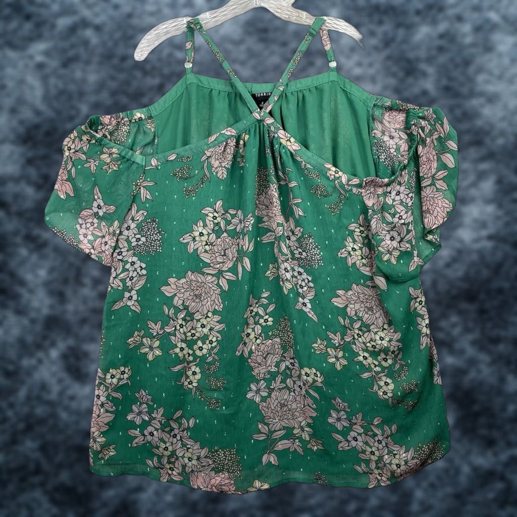 Torrid Torrid Blouse Top 3X Green Floral Cold Shoulder Sleeve Spaghetti Adjustable Strap V-Neck Polyester Bohemian Womens Size XXL / US 16-18 / IT 52-54 - 1 Thumbnail