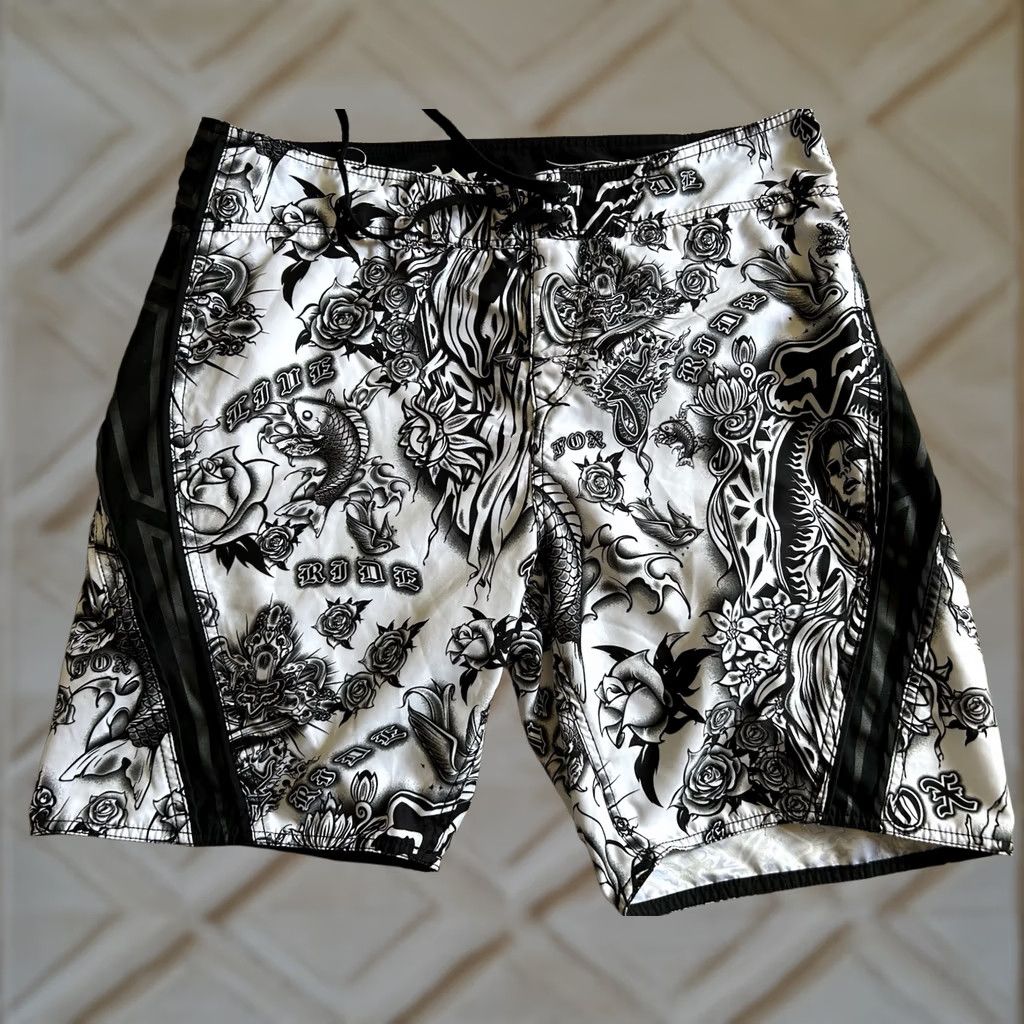 Vintage Fox Racing Y2K Style AOP Swim Trunks Mens 40 Black Polyester Drawstring Pockets Summer Surf Skate Size US 40 / EU 56 - 1 Thumbnail