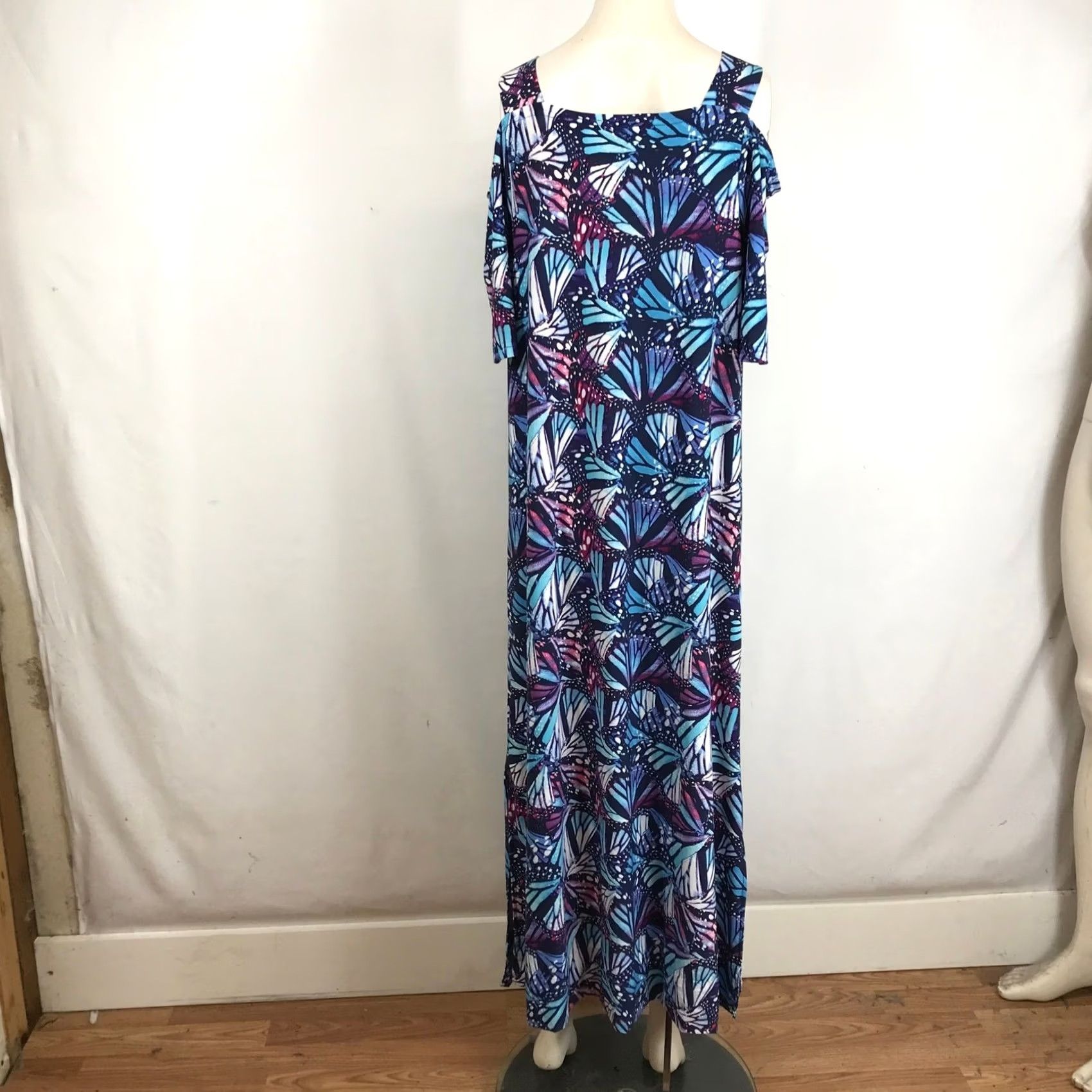 Vintage Roamans Dress Maxi Cold Shoulder Butterfly Wing Print Blue Purple Womens 14/16 M Size XL / US 12-14 / IT 48-50 - 5 Thumbnail