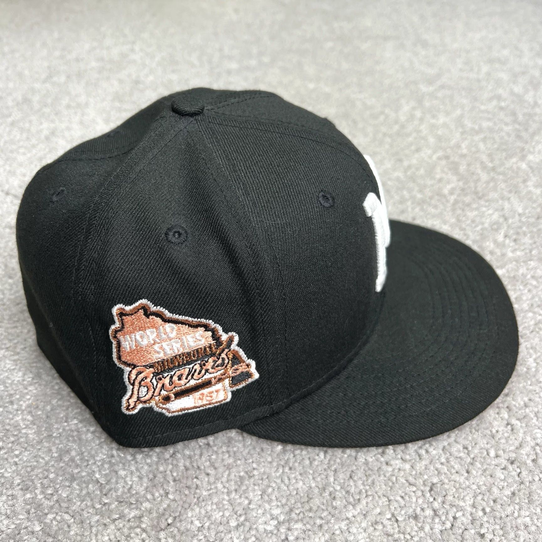 New Era VINTAGE Milwaukee Braves Manolo Hat Club Black Peach 1957 World Series New Era 7 3/8 Size ONE SIZE - 3 Thumbnail