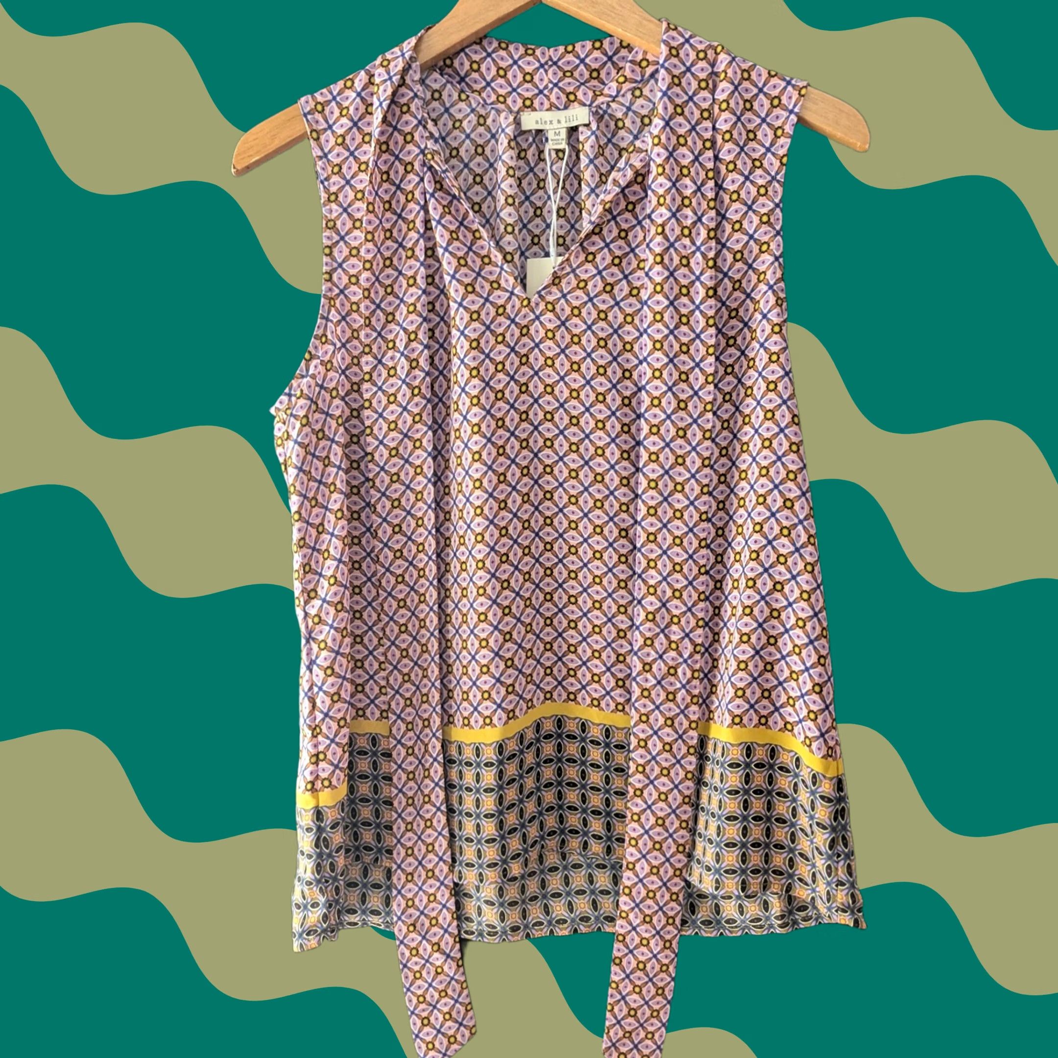 Vintage Alex and Lili Sleeveless Geometric Print Tie Neck Blouse Women's M Contrast Hem Shirt Size M / US 6-8 / IT 42-44 - 1 Thumbnail