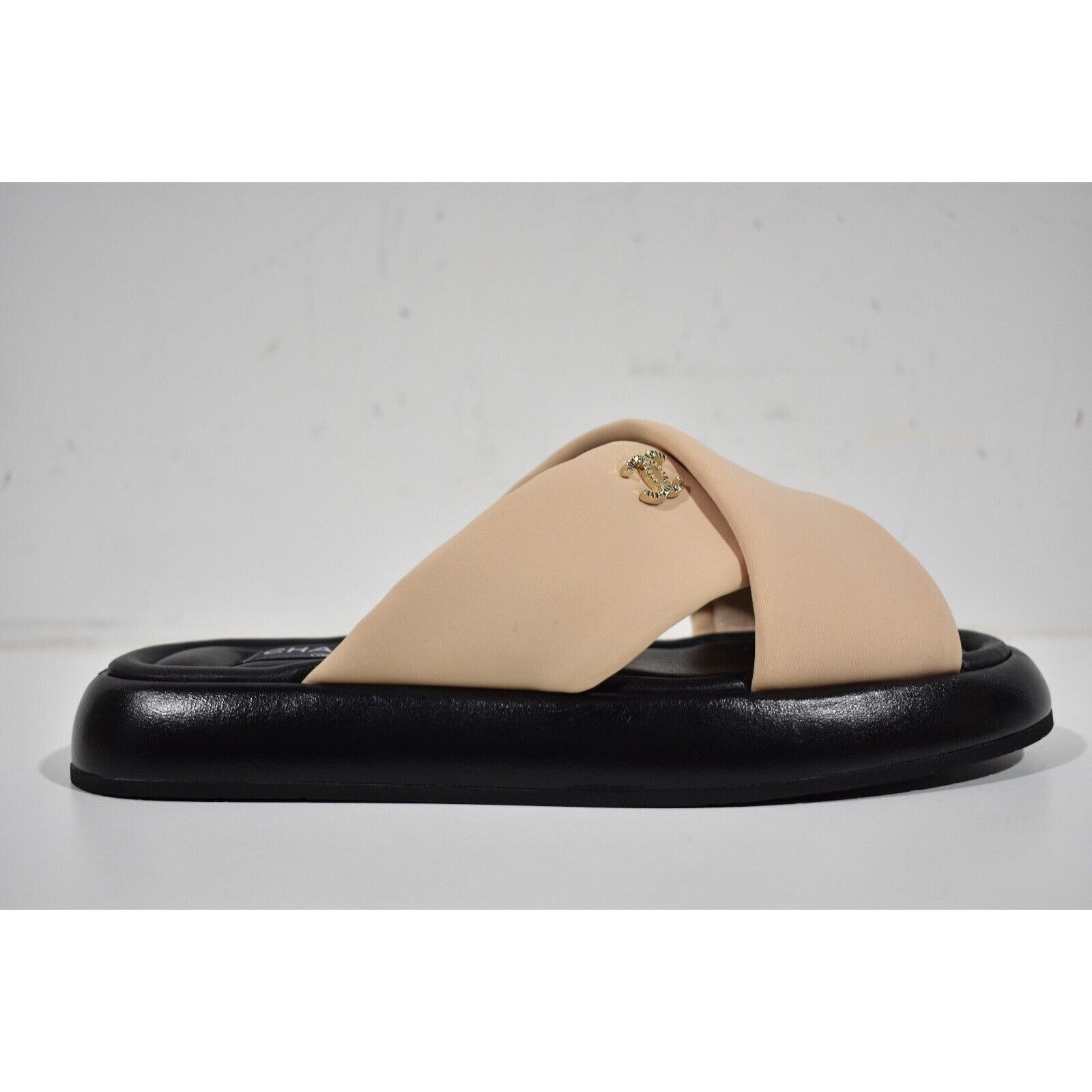 Chanel Beige Black Fabric CC Logo Slide Mule Sandal Flat 36