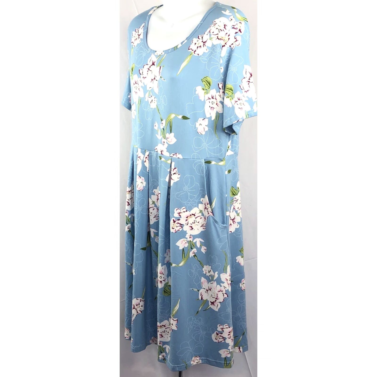 Vintage Auselily Dress XL Blue Floral Shift Pockets Pleated Casual Summer Women Size XL / US 12-14 / IT 48-50 - 3 Thumbnail