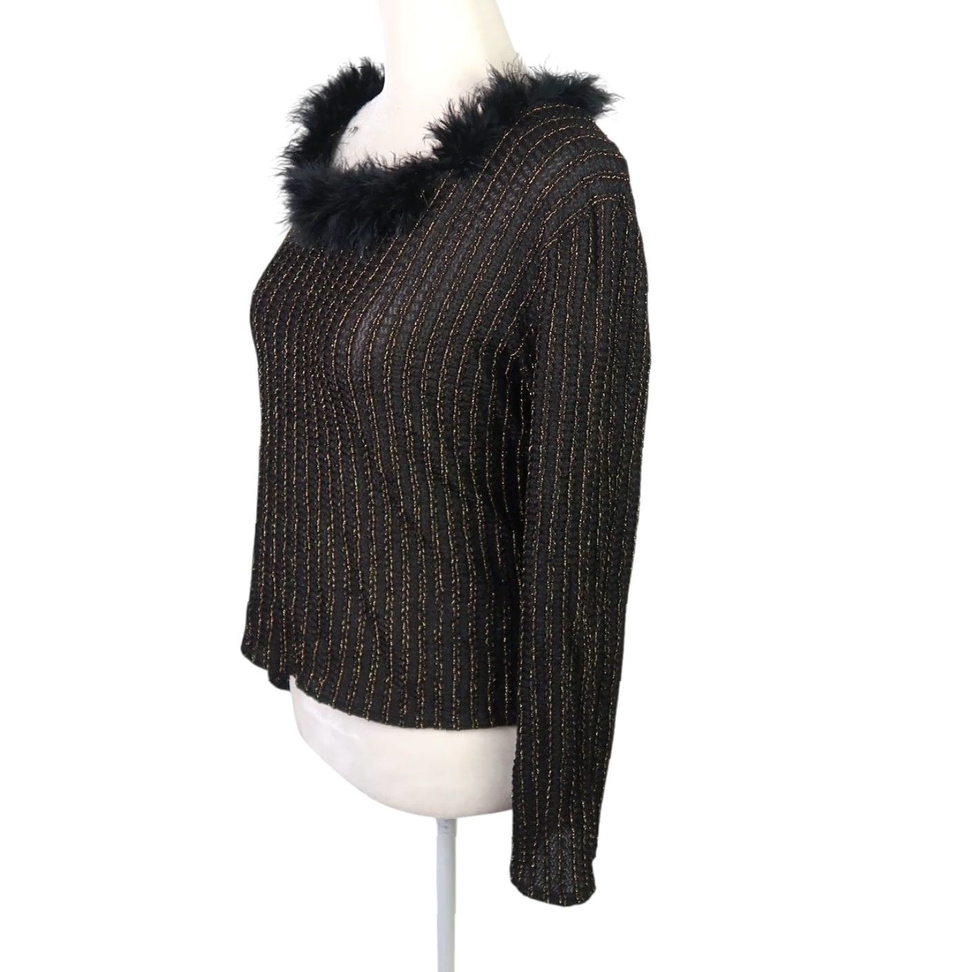 Vintage VINTAGE 90s Topaz Black w/ Gold Lurex Stripe Knit Sweater Feather Trim Women Medium Pullover Long Sleeve Glitter Fall Winter History 90s Size M / US 6-8 / IT 42-44 - 3 Thumbnail