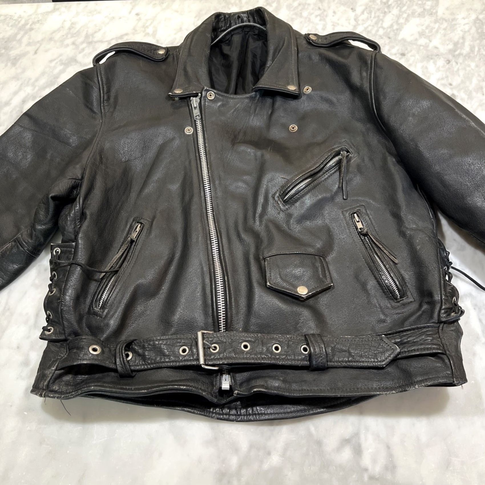 Vintage VINTAGE Echtes Leder Leather Motorcycle Jacket L Heavy Lace Sides Pockets Police 1990s Black Biker/Police Mens Size US L / EU 52-54 / 3 - 2 Thumbnail