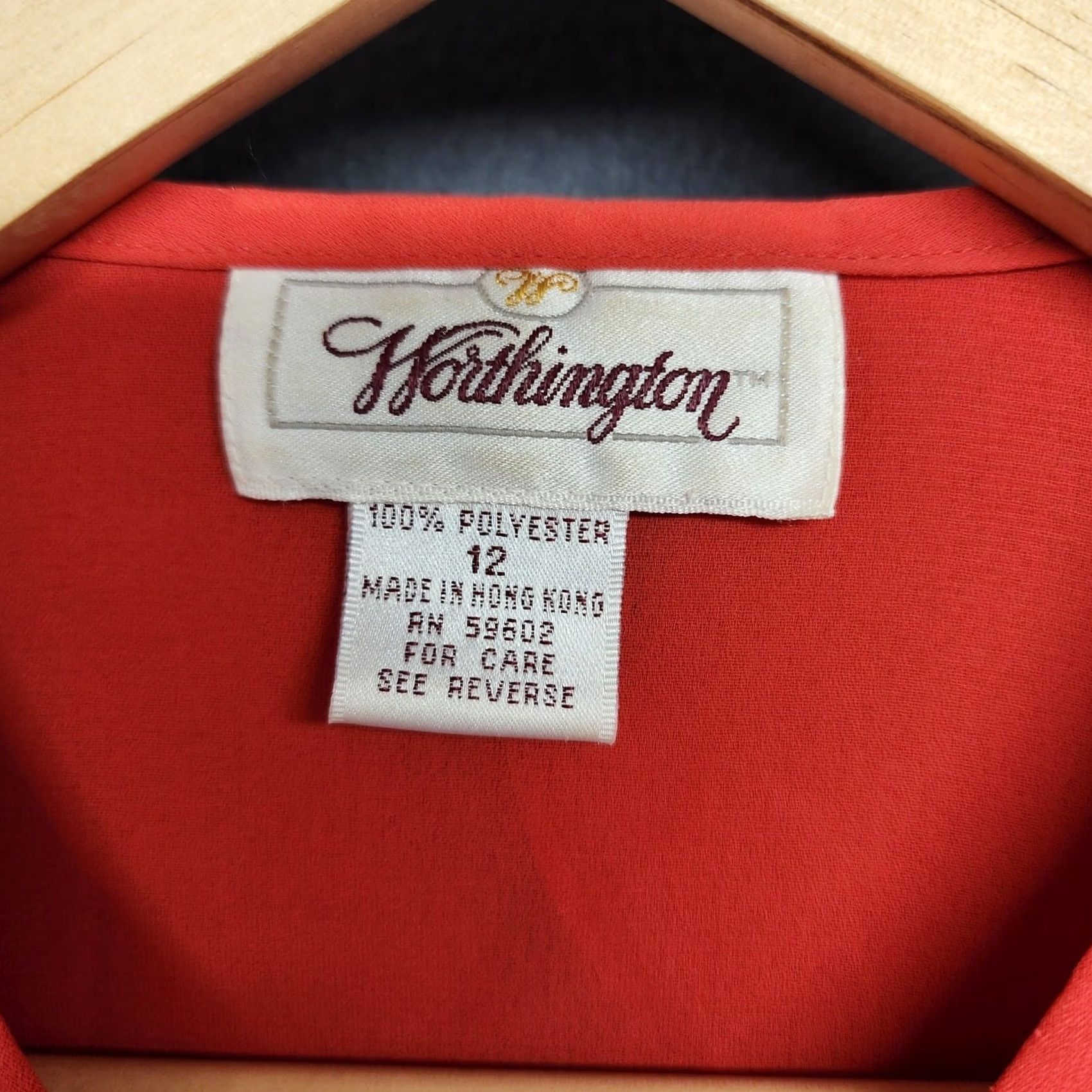 Worthington VINTAGE Worthington Blouse Womens L Red Long Sleeve Button Up Collar - Polyester, Solid, Ruffle, 12, Hong Kong, Regular, Womens Size L / US 10 / IT 46 - 3 Thumbnail
