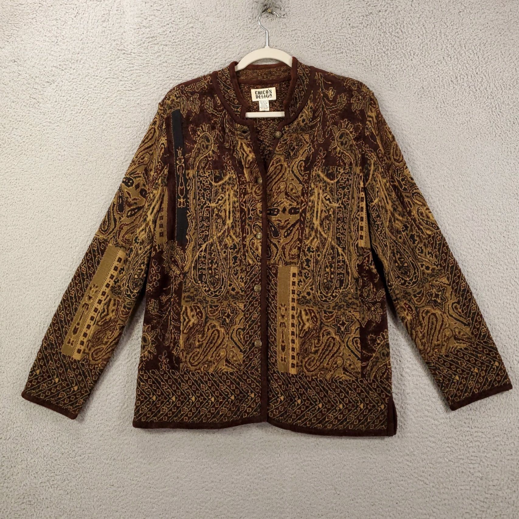 Vintage Chicos Jacket Womens M Brown Multi Pattern Geometric Wool Blend Button Up (Chico's) Size M / US 6-8 / IT 42-44 - 2 Thumbnail
