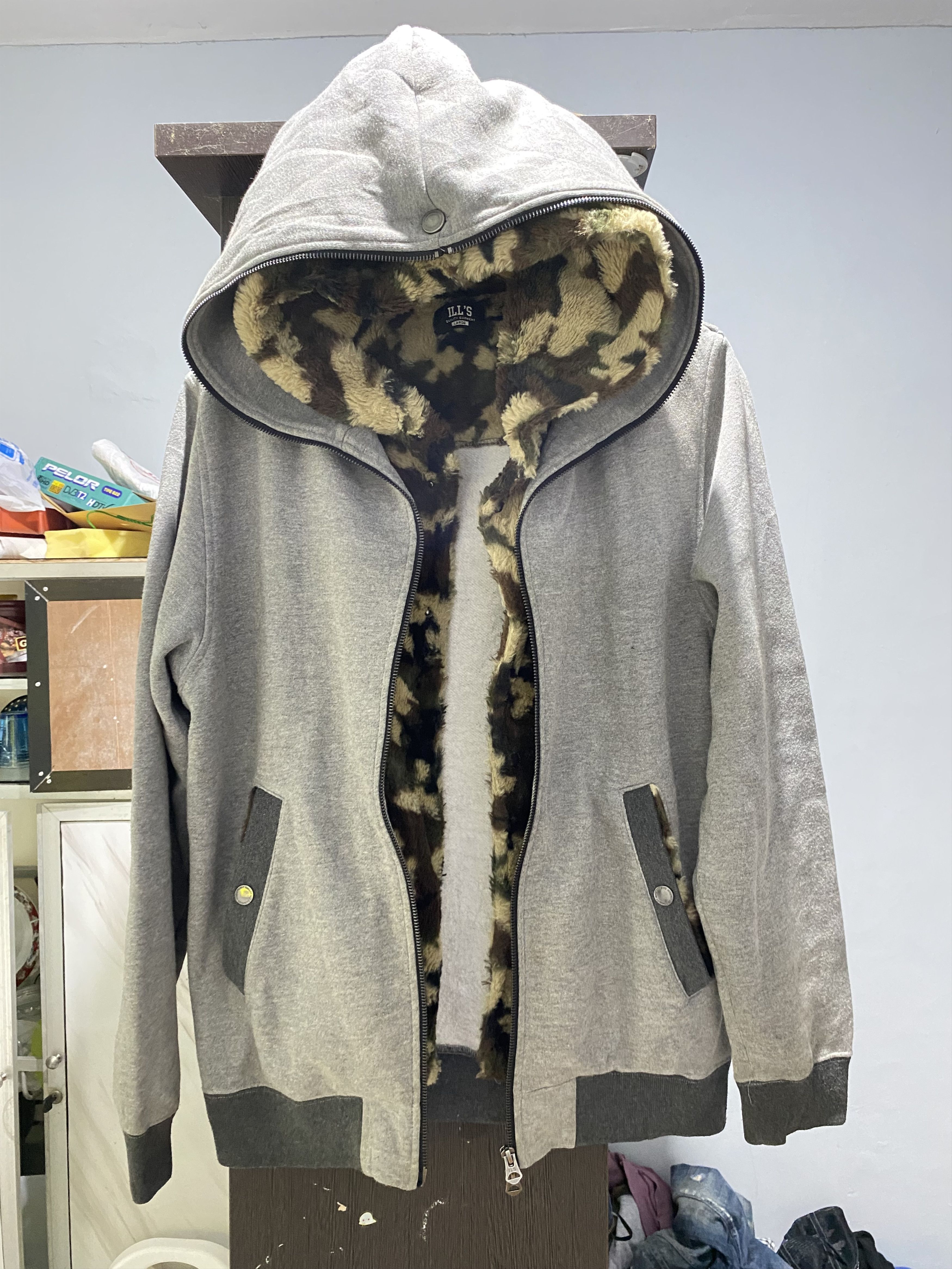 image of If Six Was Nine x Ppfm Vintage Ills Double Layer Camo Hoodie Ifsixwasnine Styled in Grey (Size Larg