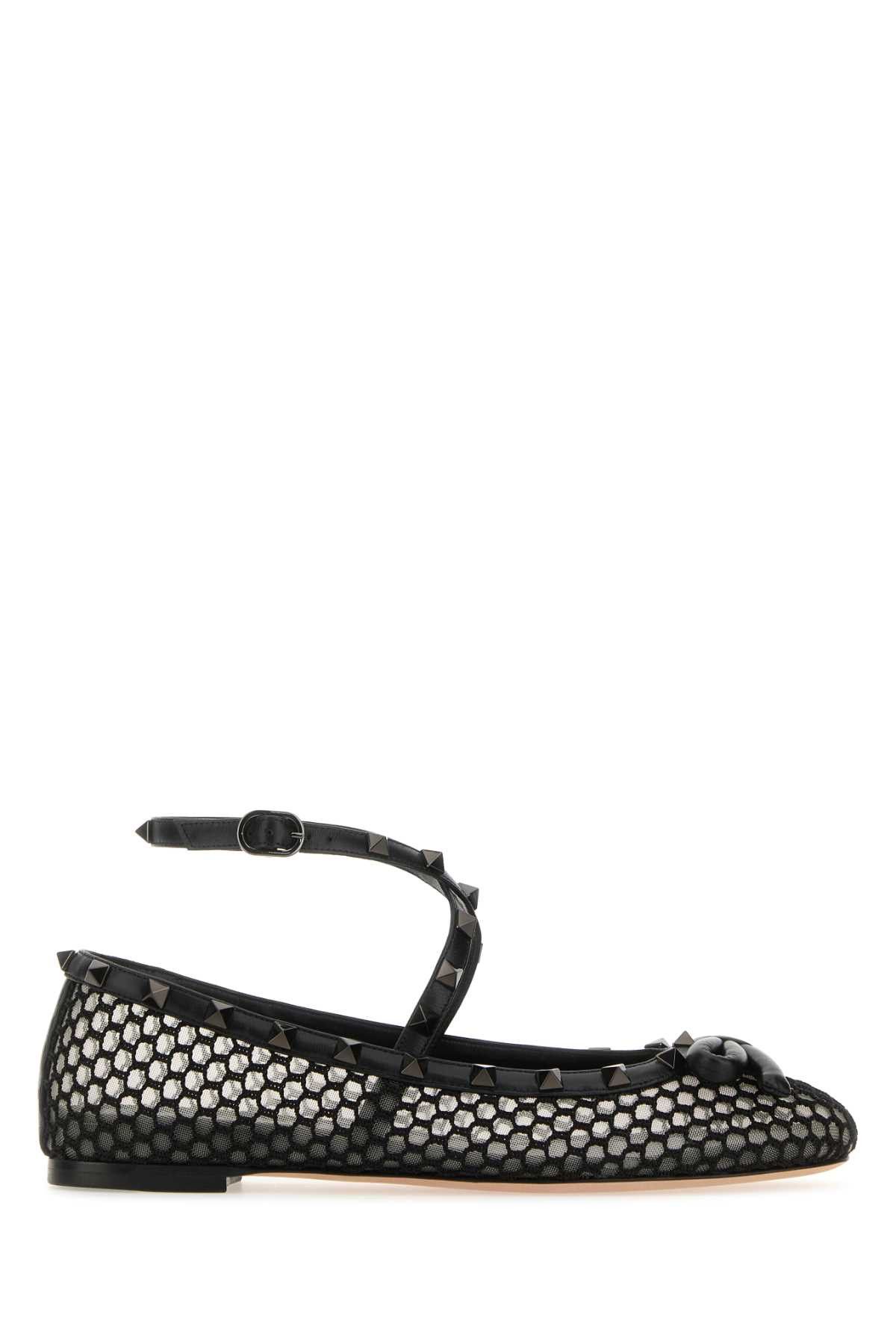 image of Valentino Garavani Black Mesh Rockstud Ballerinas Shoes, Women's (Size 7)
